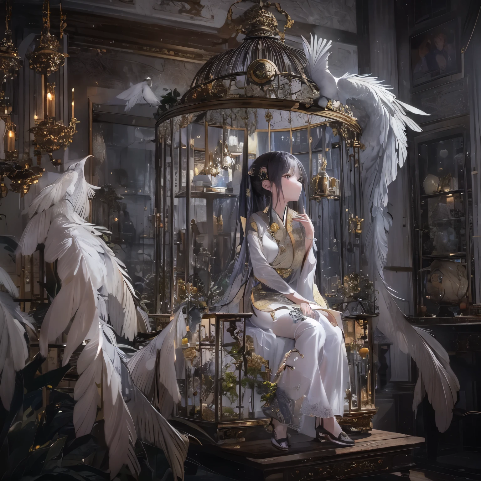 (((she is looking out the window)))、(((Legs in my arms))),huge 、many white feathers、(((Extensive use of exquisite birdcages and pocket watches)))、((Big intricately dressed girl sitting in a birdcage))、(((Beautifully dressed girl trapped in a birdcage)))、(((In a room with fluttering white feathers)))、Light、(look at the audience:1.2)、surprise、Professional photography、((top quality))、(Exquisite details:1.2)、(​Masterpiece:1.5)、(top quality:1.2)、beautiful eyes、super quality、hard focus、ultra high resolution、beautiful dark eyes、Floating hair:1.2、
Windows with views remain closed, and a picture of the bird in the corner of the room., A bird with legs flapping its wings wildly.
he looked at it sadly.
Thinking of her, please tell me the way to the sky, even if it is right next to me, please tell me the way to the sky goes farther., did not reach higher

... I don&#39;t even know if it&#39;s day or night...

after many nights, Suddenly he opened a heavy window.
阳Light和风在房间里蔓延 把他带到外面 请你告诉我通往天空的路 在风中翱翔 请你告诉我通往天空的路 保持关闭 羽毛不会散开而是掉落 它看起来像白色的羽毛 知道之后的一切一点扭曲 不可能实现的事情 请你告诉我通往天空的路 即使它就在你身边 请你告诉我通往天空的路 我什至无法触及我的指尖 请你告诉我通往天空的路好吗像那只鸟一样飞向天空, I am trapped in this land.
Can you please tell me the way to the sky? Oh, The sky hasn&#39;t changed anything, it&#39;s there.