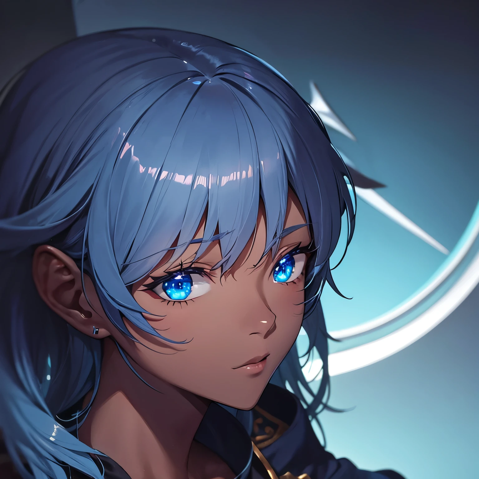 1 human, dark skin, light blue eyes, dark blue hair, close up, medieval style