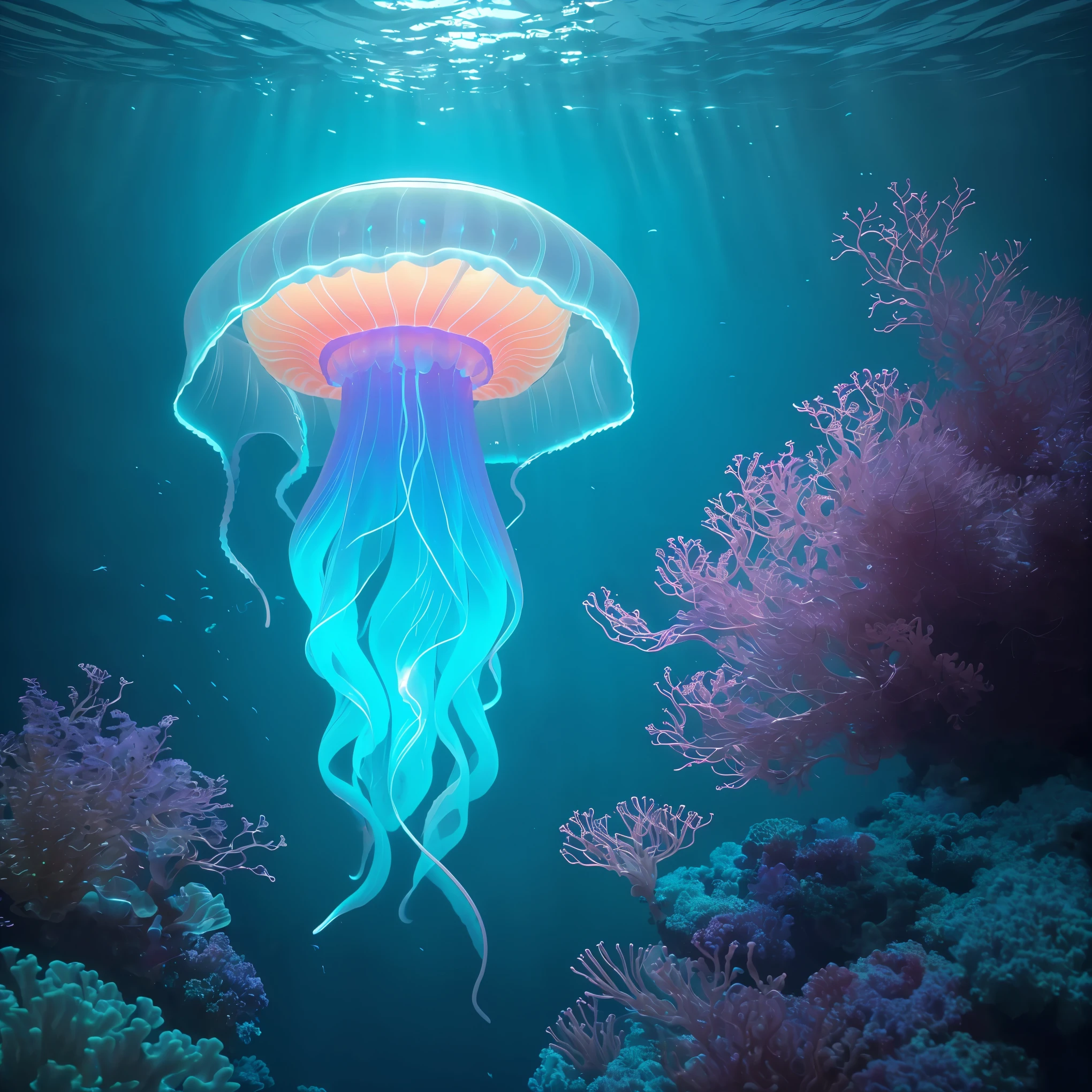 A glowing jellyfish floating underwater,translucent,body,sea creature,marine life,beautiful tentacles,(best quality,4k,8k,highres,masterpiece:1.2),ultra-detailed,(realistic,photorealistic,photo-realistic:1.37),underwater photography,vivid colors,studio lighting,bioluminescent