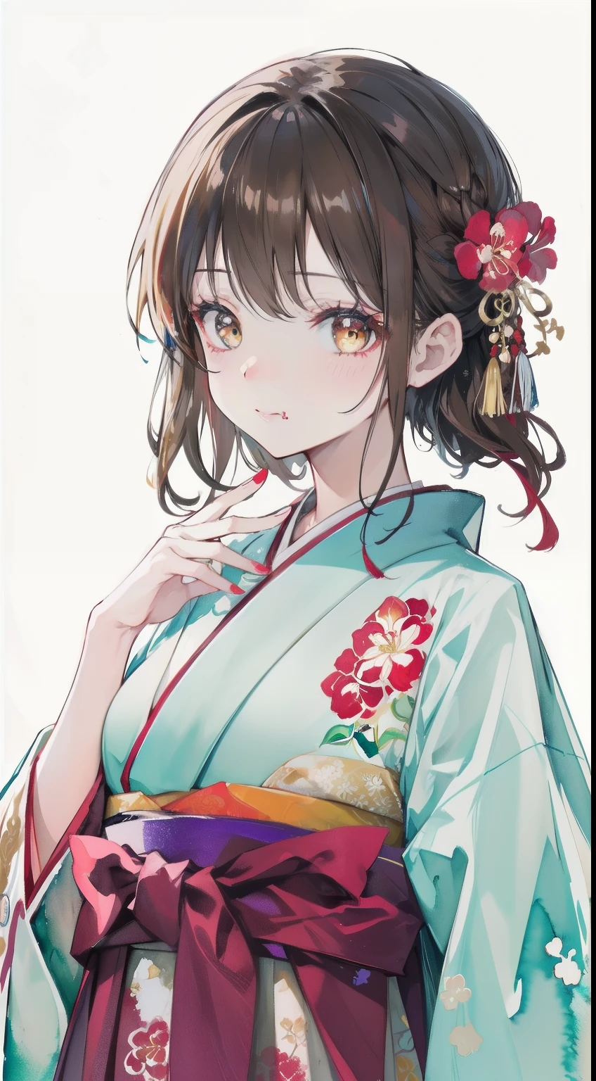 highest resolution、An illustration、1 girl、beautiful face、cute、white background、(watercolor:1.2)、2D、Upper body、navy hakama、Kimono with yellow floral pattern、light brown hair、up hair、red lipstick、see-through bangs、Looks embarrassed、pout、Idol type、Azatoi、graduation ceremony、brown eyeoist eyes