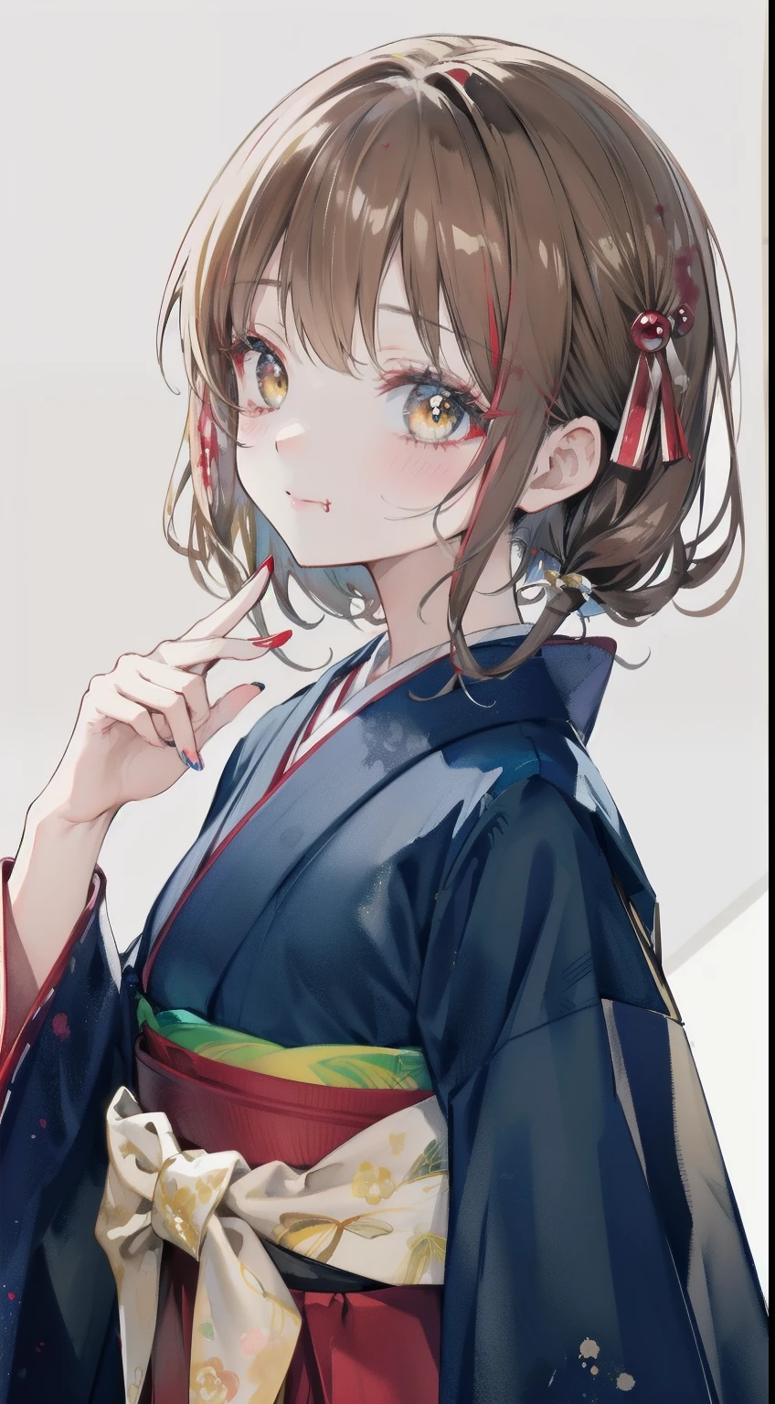 highest resolution、An illustration、1 girl、beautiful face、cute、white background、(watercolor:1.2)、2D、Upper body、navy hakama、Kimono with yellow floral pattern、light brown hair、up hair、red lipstick、see-through bangs、Looks embarrassed、pout、Idol type、Azatoi、graduation ceremony、brown eyeoist eyes