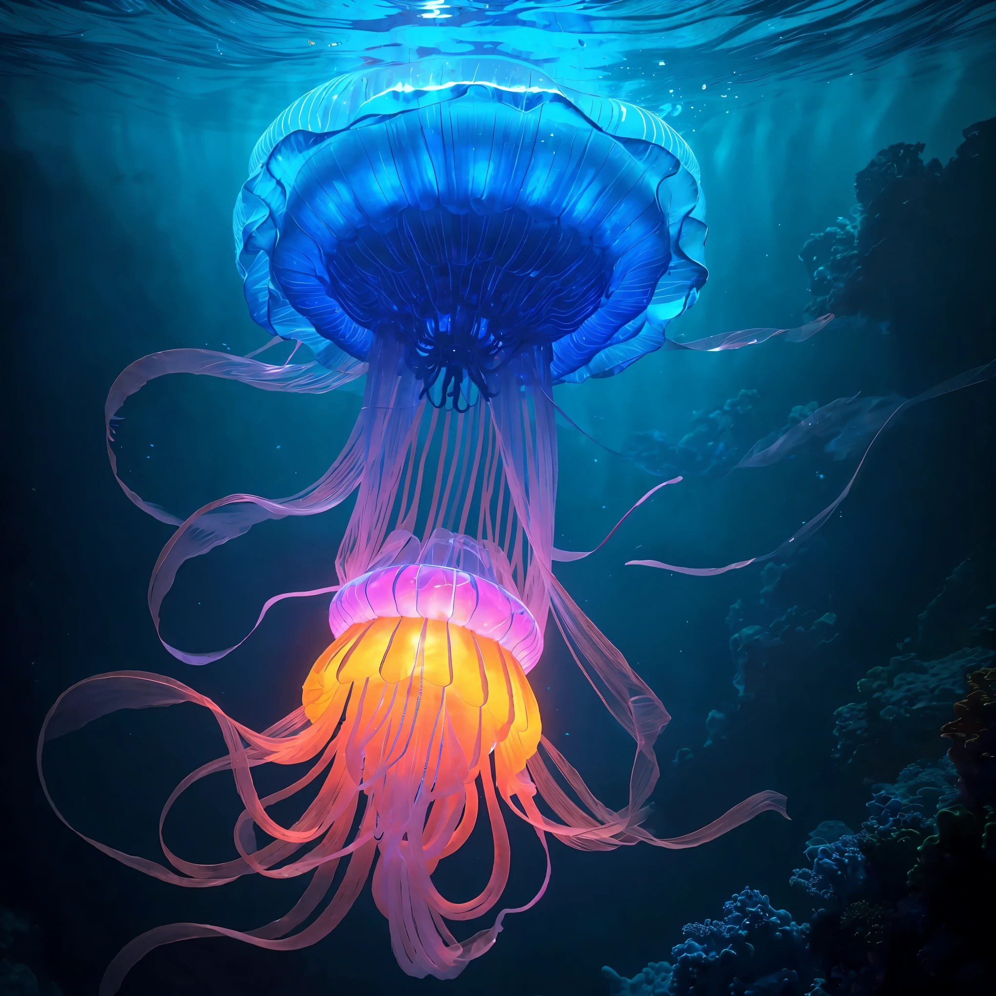 A glowing jellyfish floating underwater,translucent,body,sea creature,marine life,beautiful tentacles,(best quality,4k,8k,highres,masterpiece:1.2),ultra-detailed,(realistic,photorealistic,photo-realistic:1.37),underwater photography,vivid colors,studio lighting,bioluminescent