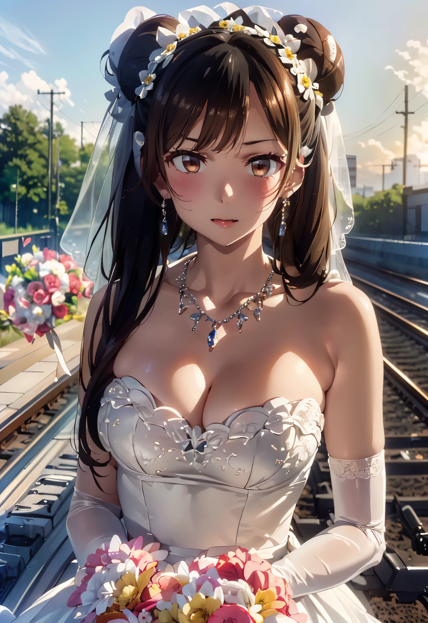 (((Pixel perfect, Perfect details))), alone, 1 girl, Chizuru Ichinose, (((Pixel perfect, Perfect details))), alone, 1 girl, yuigahama yui,  Close-up of beautiful bride wearing beautiful wedding dress,Gurwitz, (bridal veil:1.5），（transparent short veil：1.5），blush，eye shadow，Blushing face，Head flower，headgear，bouquet，（tube top wedding dress：1.5），（silk dress：1.2）,（strapless wedding dress：1.5）,pure white dress，necklace，earrings，(large breasts:1.3)，Bangs，lipstick，（White long elbow gloves：1.4）,full-body shot,High-detail RAW color art,White long skirt，There is only one railway track in the whole body，(standing on the railroad tracks:1.3),18 years old, （long twintails：1.5）,(double bun:1.5), black hair