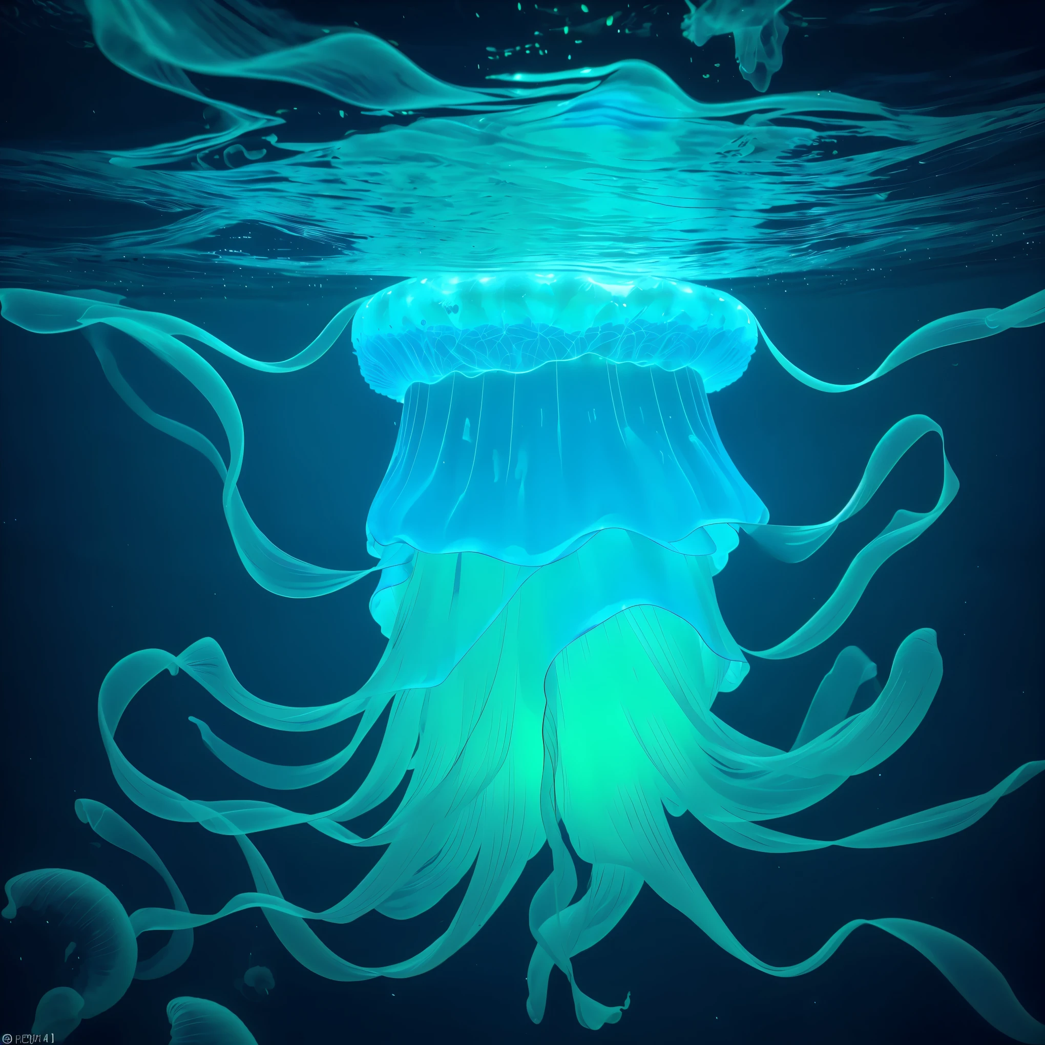 A glowing jellyfish floating underwater,translucent,body,sea creature,marine life,beautiful tentacles,(best quality,4k,8k,highres,masterpiece:1.2),ultra-detailed,(realistic,photorealistic,photo-realistic:1.37),underwater photography,vivid colors,studio lighting,bioluminescent