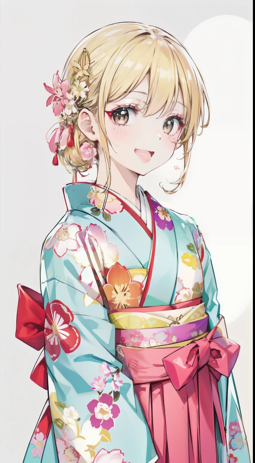 High resolution、An illustration、1 girl、beautiful face、cute、white background、2D、Hakama、pink floral kimono、水色のHakama、No bangs、Forehead exposed、Upper body、gal、(wheat-colored skin:1.2)、Makeup、blonde hair、pink lipstick、laughing、graduation ceremony、black eyes、