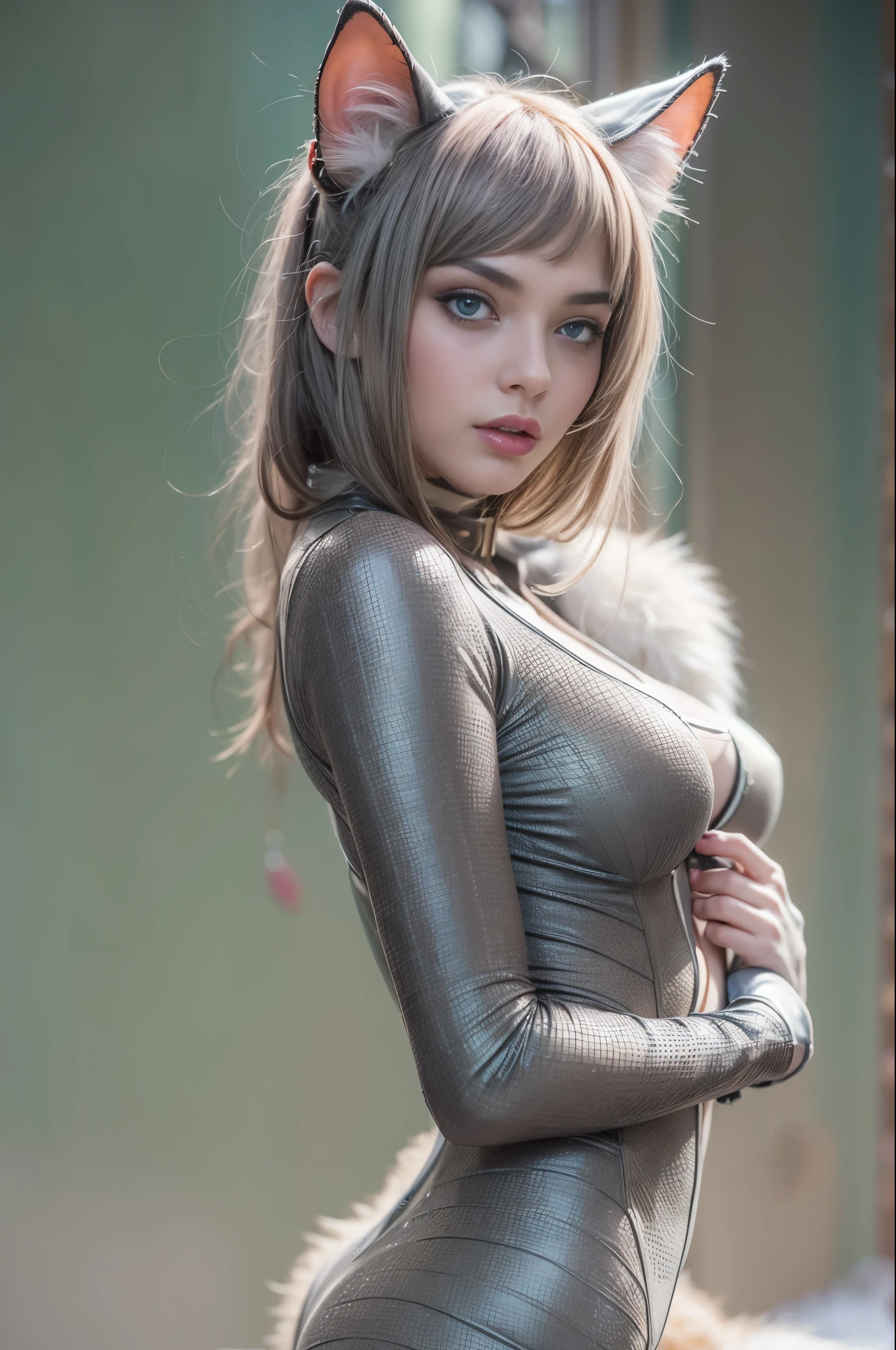 Masterpiece, best quality, HDR, realistic, hyper detailed, cinematic, perfect perspective, ray tracing, photo, realistic photography, seductive lighting, full body, realistic proportions, realistic anatomy, realistic woman, beautiful cat girl, she has fluffy cat ears, ((she has a fluffy cat tail)), sensual pose, seductive expression, perfect body, perfect face, perfect legs, perfect hands, perfect fingers, perfect eyes, wearing skin tight cat suit