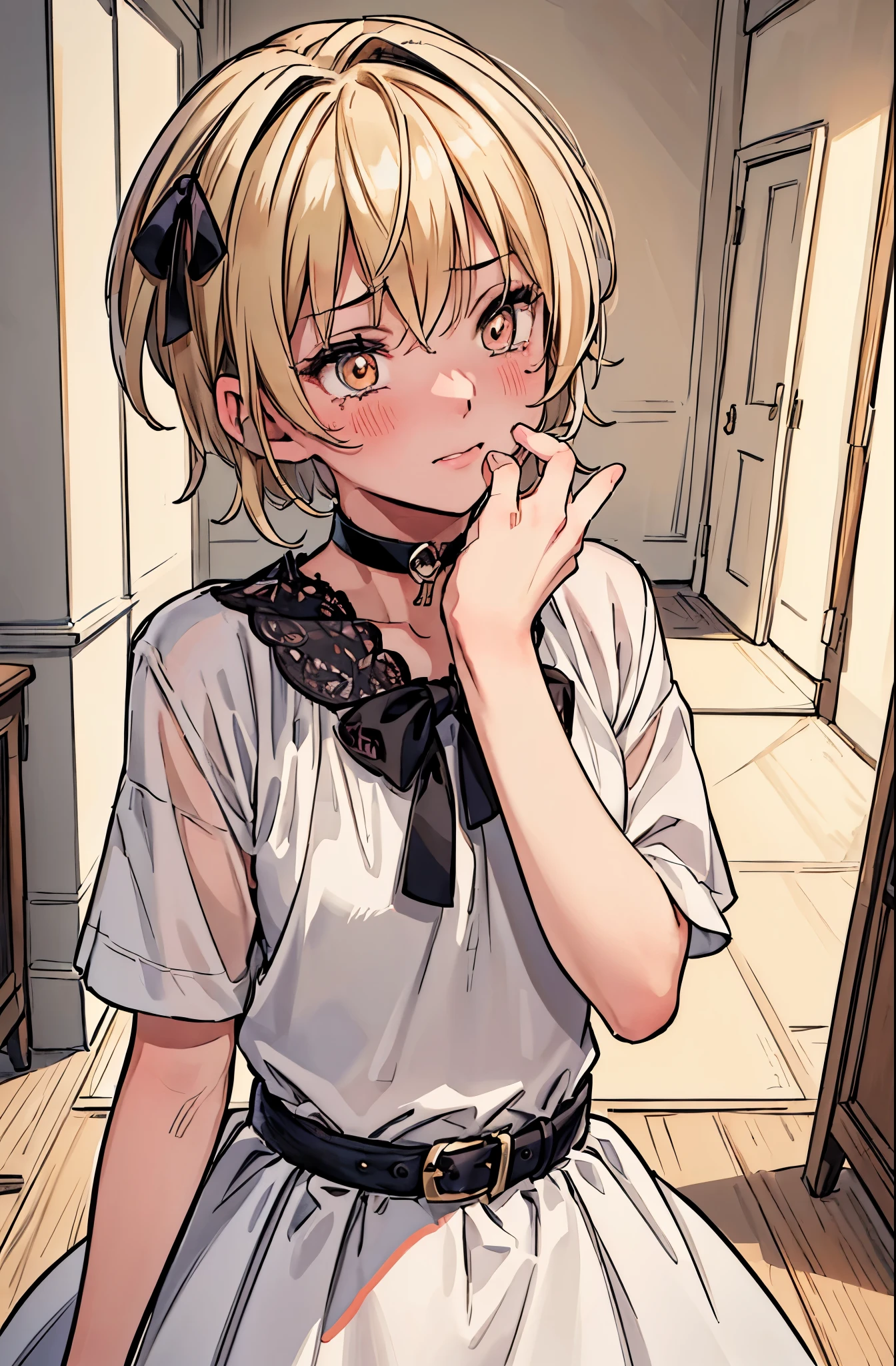 (best quality, ultra-detailed, indoor scene, highres, masterpiece:1.2), portraits, detailed face and features, boy, feminine boy, tomboy, feminine boy, trap, natural makeup, kissing scene, black choker, blonde short hair, boy's face, crying, blushing, casual dress, vibrant colors, soft lighting
