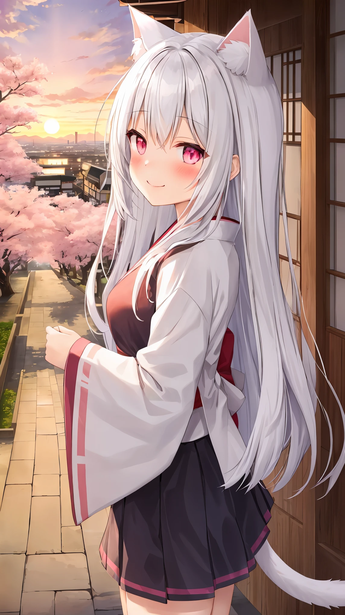 catgirl, cat tail, cat ears, white hair, long hair, pink eyes, japan, cherry trees, city, sunset, smile, blush