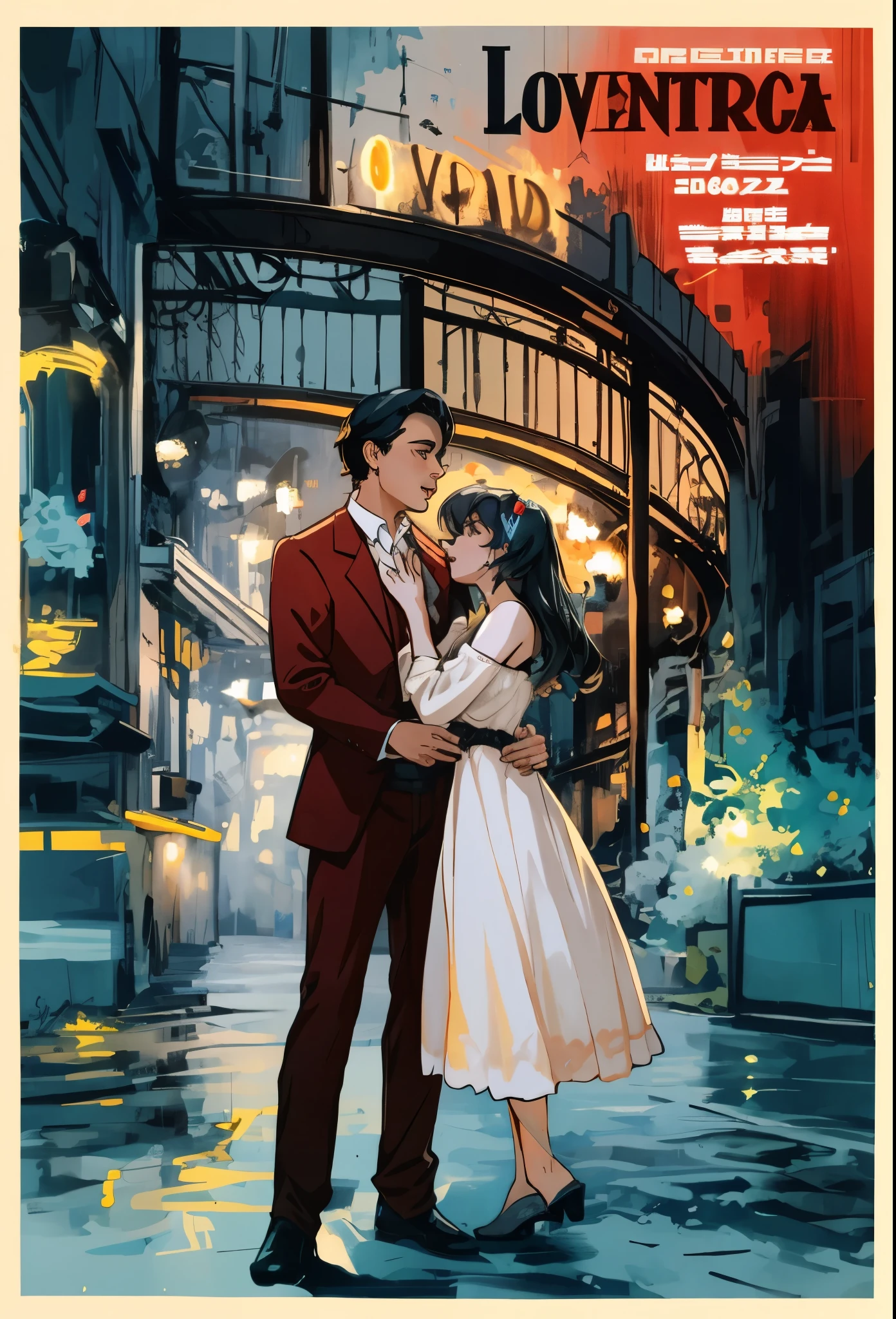 2000 DVD poster art for a romantic movie named "Loventura", top quality, highres, High-quality illustrations, unparalleled masterpiece, cinematic lighting,
