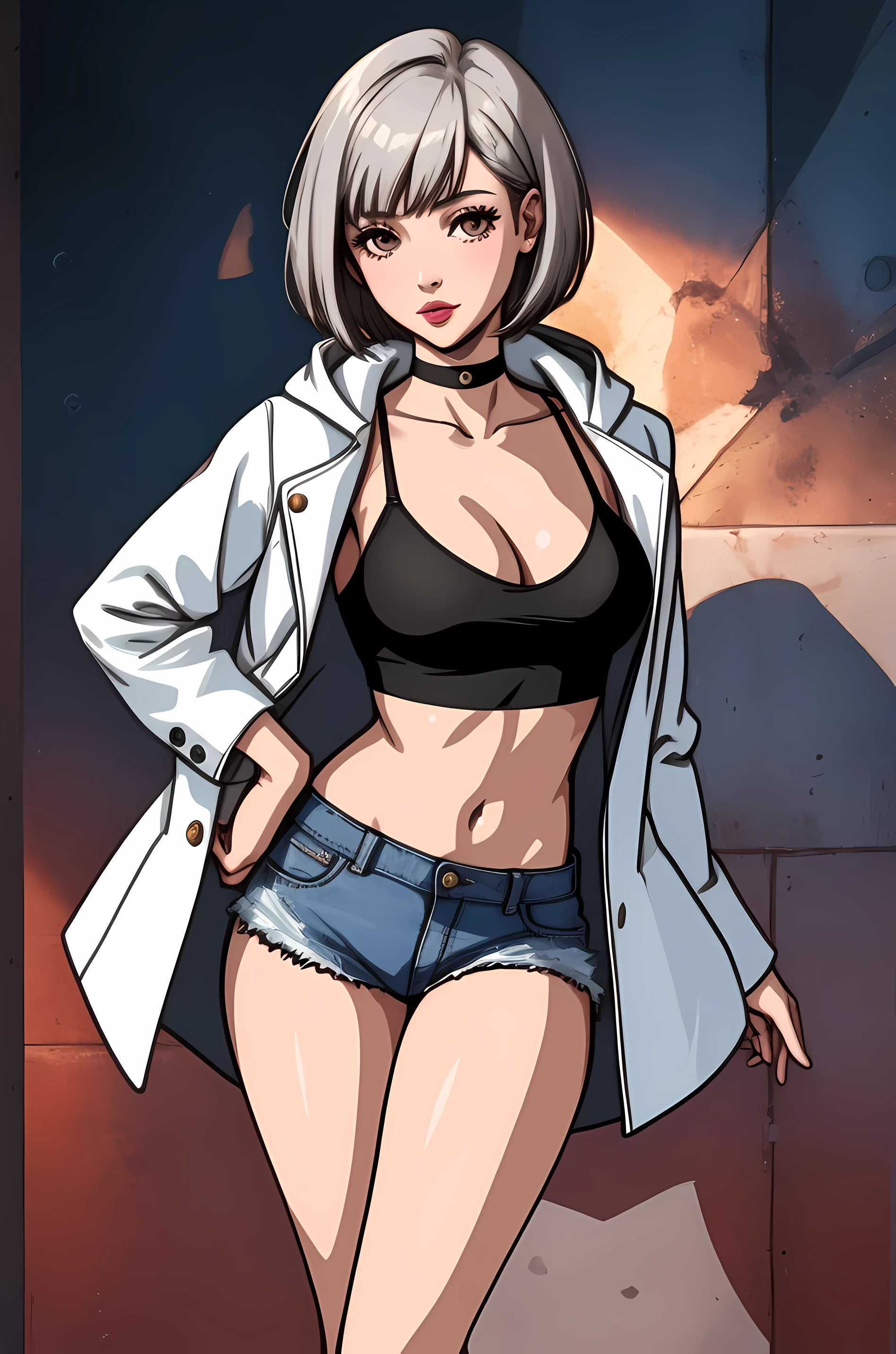 (highest quality,super resolution,realistic:1.37),beautiful girl,silver short bob hairstyle,small face,[black choker],[white tube top],[hooded coat],[short jeans],[platform sneakers], sexy cleavage, Gorgeous thighs, pale pink lips, Hair combing gesture while looking at the camera