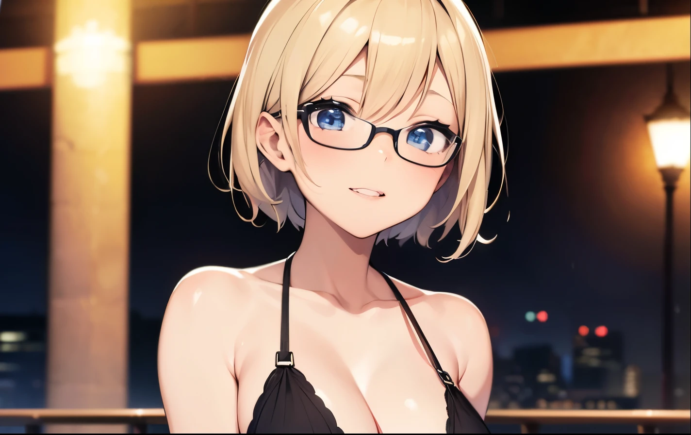 High resolution, 2D anime style,,Blue eyes beautiful eyes,high and beautiful nose,thin face,blonde boyish short hair,cool adult woman,chest is a little big,She looks very happy,bite'lips, she was laughing so much, she wears glasses,she narrows her eyes,Fashion that shows cleavage,I'Iは窓辺でイヤホンを耳に入れて勉強しています.,London at night
