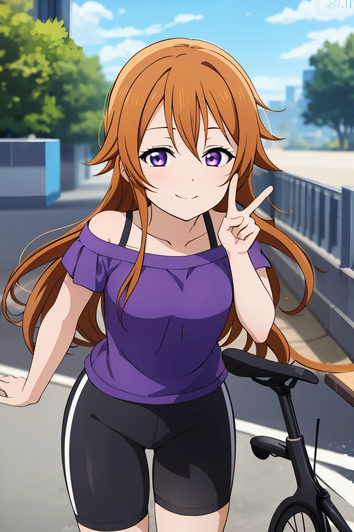 1 girl, hdr, smile, Konoe kanata, long hair, straight hair, purple eyes, brown hair, off-shoulder, black strap, dress, purple t-shirt short, short sleeves, standing, solo focus, bike shorts, black bike shorts, looking ahead, pov, bike shorts, black bike shorts, two peace sign, 