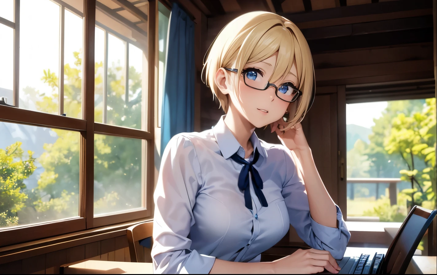 High resolution, 2D anime style,,blue eyes beautiful eyes,high and beautiful nose,thin face,blonde boyish short hair,Cool adult woman,chest is a little big,She looks very happy,bite'lips, she wears glasses,she narrows her eyes,Fashion that shows cleavage,study at a desk by the window,sit on a chair,I'Iはイヤホンをつけています,In a forest house surrounded by nature