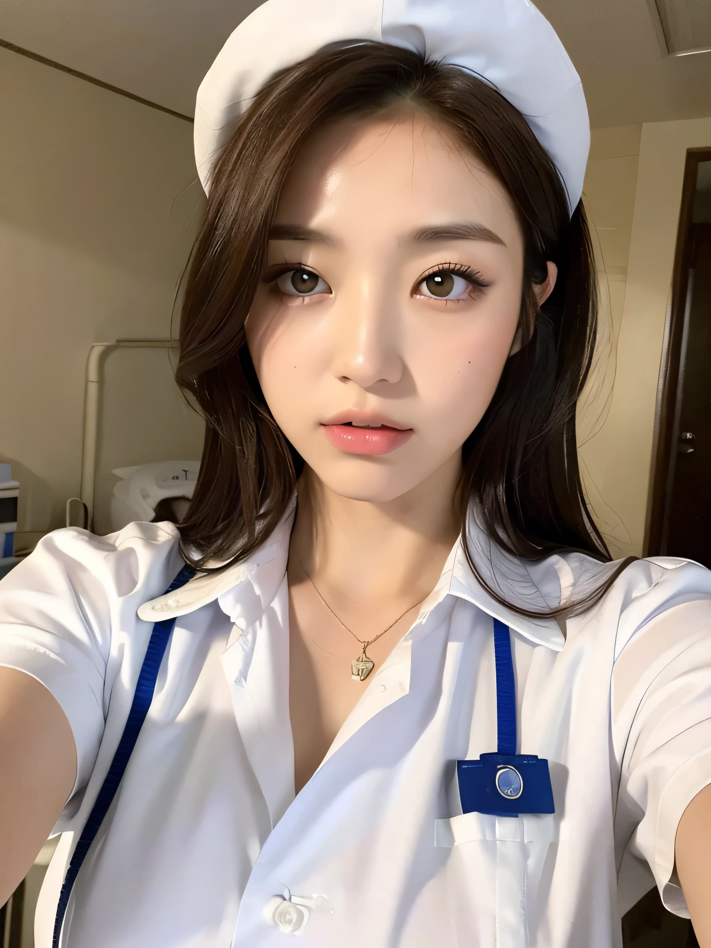 (highest quality, 8k, 32K, masterpiece, Hmm:1.2),beautiful japanese women pictures, 1 girl, (dark brown medium short hair), (big breasts), double eyelid, white nurse uniform, little white nurse (cap), white shirt, open shirt, hospital, hospital room, Upper body, sexy