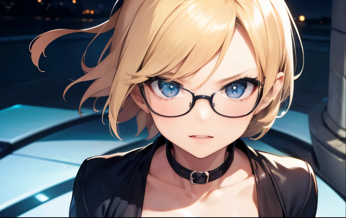 High resolution, 2D anime style,,blue eyes beautiful eyes,high and beautiful nose,thin face,blonde boyish short hair,Cool adult woman,Chest is slightly larger,she looks very happy,biting one's lips, she was very angry, she wears glasses,she narrows her eyes,Fashion that shows cleavage,I'm studying by the window with earphones in my ears.,London cityscape at night