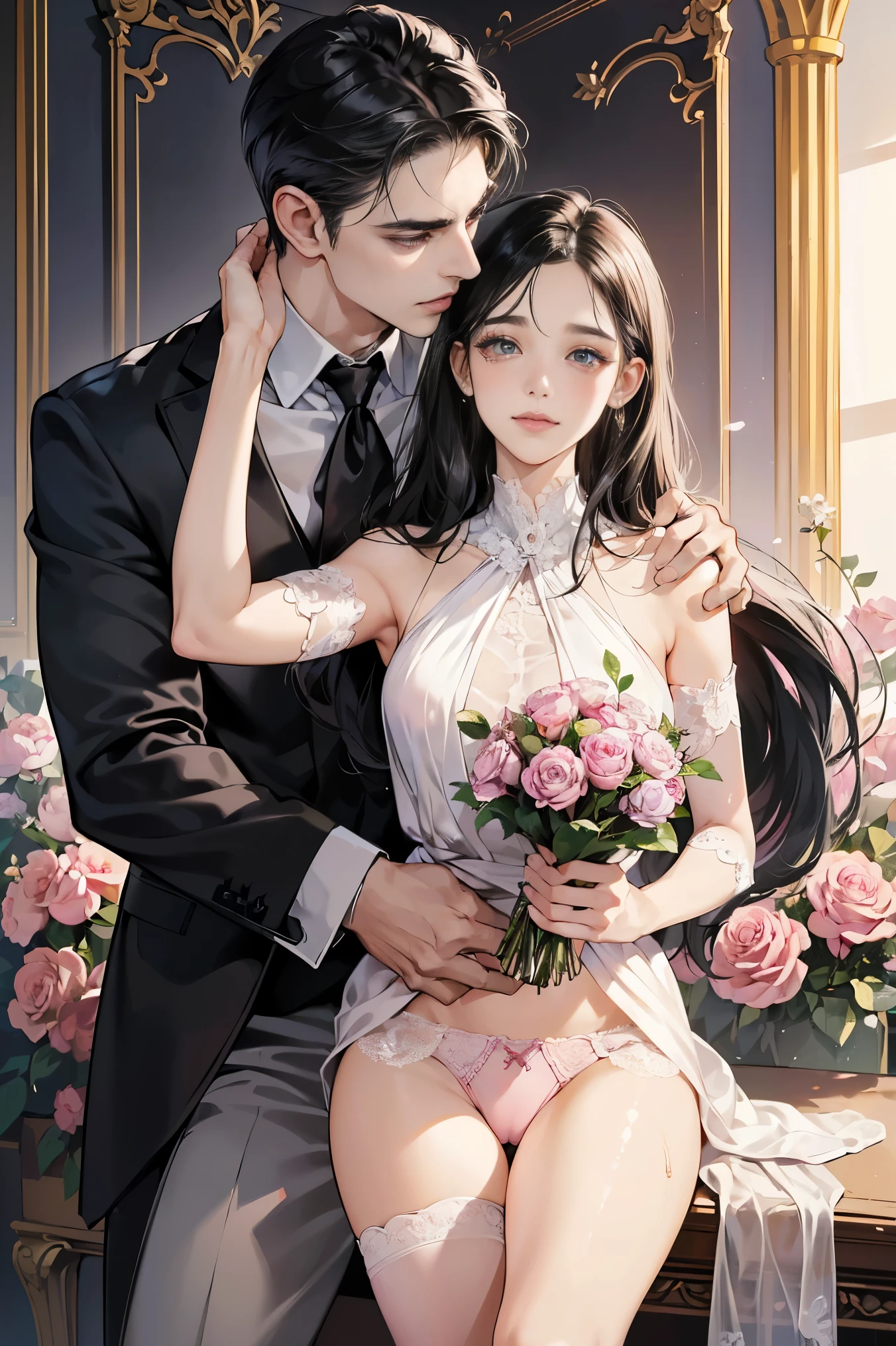 (table top, digital art, digital illustration, 4K, 8 thousand, very detailed, beautiful pictures, clear image, realistic, RAW photos, perfect face, perfect line, perfect eyes, soft lighting) 1 woman, (long black hair, straight hair, an optimistic outlook, beauty, wow, mode system, one piece, solid makeup, 23 year old girl,:1.3), Two handsome men in suits, (human, Man in a suit, muscular, Shoulder width is solid., adult male, boyish hairstyle, british gentleman style, A man in his 30s with a cool expression, A 28-year-old man with a bright smile:1.2), classic style furniture, antique clamps, antique chair, chandelier, Crystal glass, Luxury, Fantastic light, marble fireplace, (embarrassing from, shy smile, bouquet of pink roses:1.2), antique sofa, leather sofa, Crying face, cry out of frustration, beautiful tears、the kiss、kiss、couple、couple kiss ing、romance、sex、have sexual intercourse、wet pubic area、insert 、rape、flood、Full-body painting, (one girl and one man, Having sex:1.5), (human, adult male, girl rubbing'of :1.2), cheek dye、panting face、embarrassing、boredom、begging、unhappy、greedy expression, wet pubic area、 insert、open your crotch wide、cowgirl、fluttering、wet shirt、sheer black lace underwear、Take off your underwear、