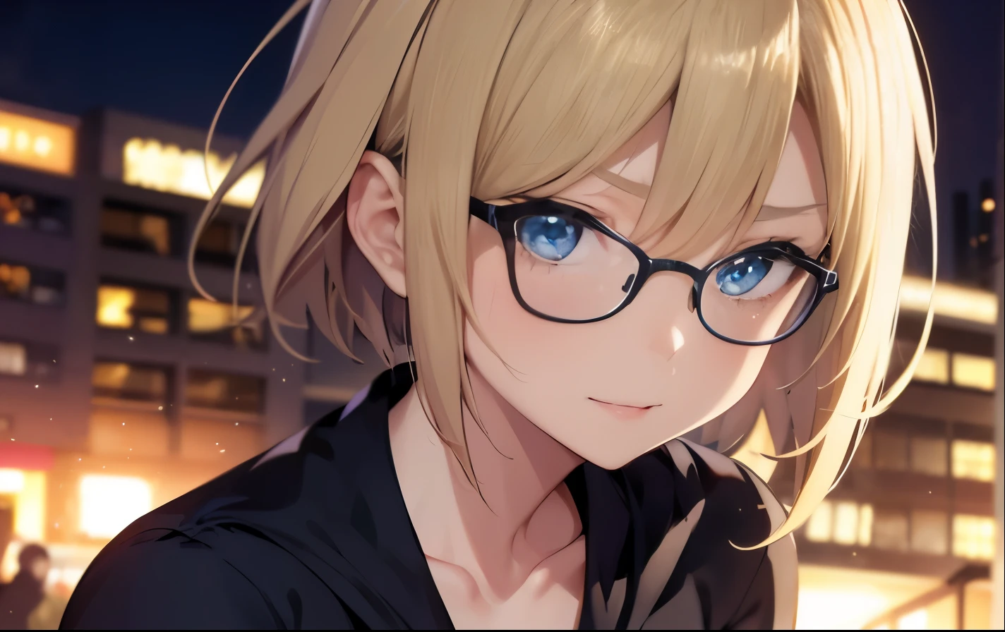 High resolution, 2D anime style,,Blue eyes beautiful eyes,high and beautiful nose,thin face,blonde boyish short hair,cool adult woman,chest is a little big,She looks very happy,bite&#39;lips, she was very angry, she wears glasses,she narrows her eyes,Fashion that shows cleavage,I&#39;Iは窓辺でイヤホンを耳に入れて勉強しています.,London at night
