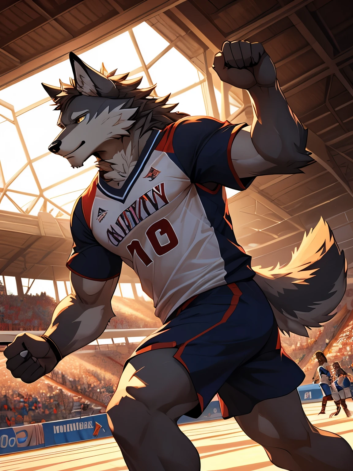 Best quality, Diederich, Furry Wolf, Red Fur, Red eyes, Medium Muscular Body, Handsome, Handsome, Good Looking, Volleyball Shirt, Cool Pose, Fierce, Smiling, Volleyball Field Background