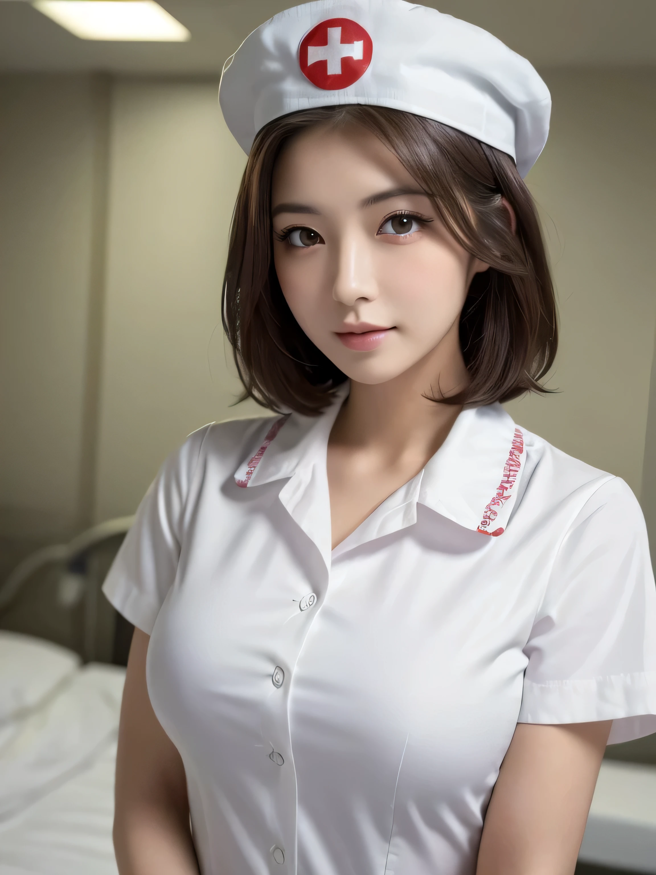 (highest quality, 8k, 32K, masterpiece, Hmm:1.2),beautiful japanese women pictures, 1 girl, (dark brown medium short hair), (big breasts), double eyelid, white nurse uniform, little white nurse (cap), white shirt, open shirt, hospital, hospital room, Upper body, sexy