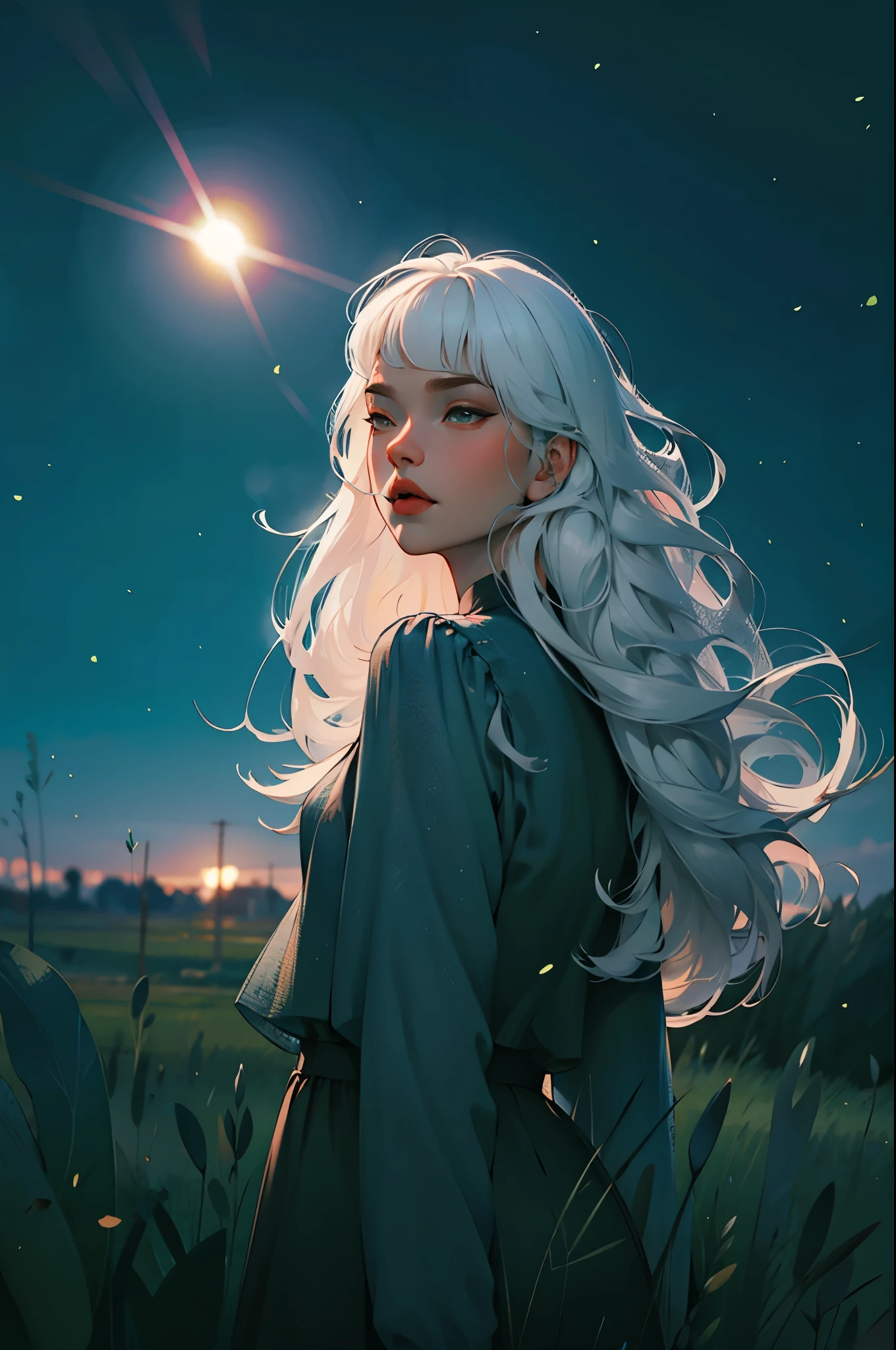 Close-up of a blond woman with long hair standing in a field, White hair的女孩, with white hair, perfect White hair girl, with long white hair, light passing through white hair, silver hair girl, flowing white hair, Long white hair and bangs, A girl has white hair, White hair floating in the air, Silver-haired girl, White hair