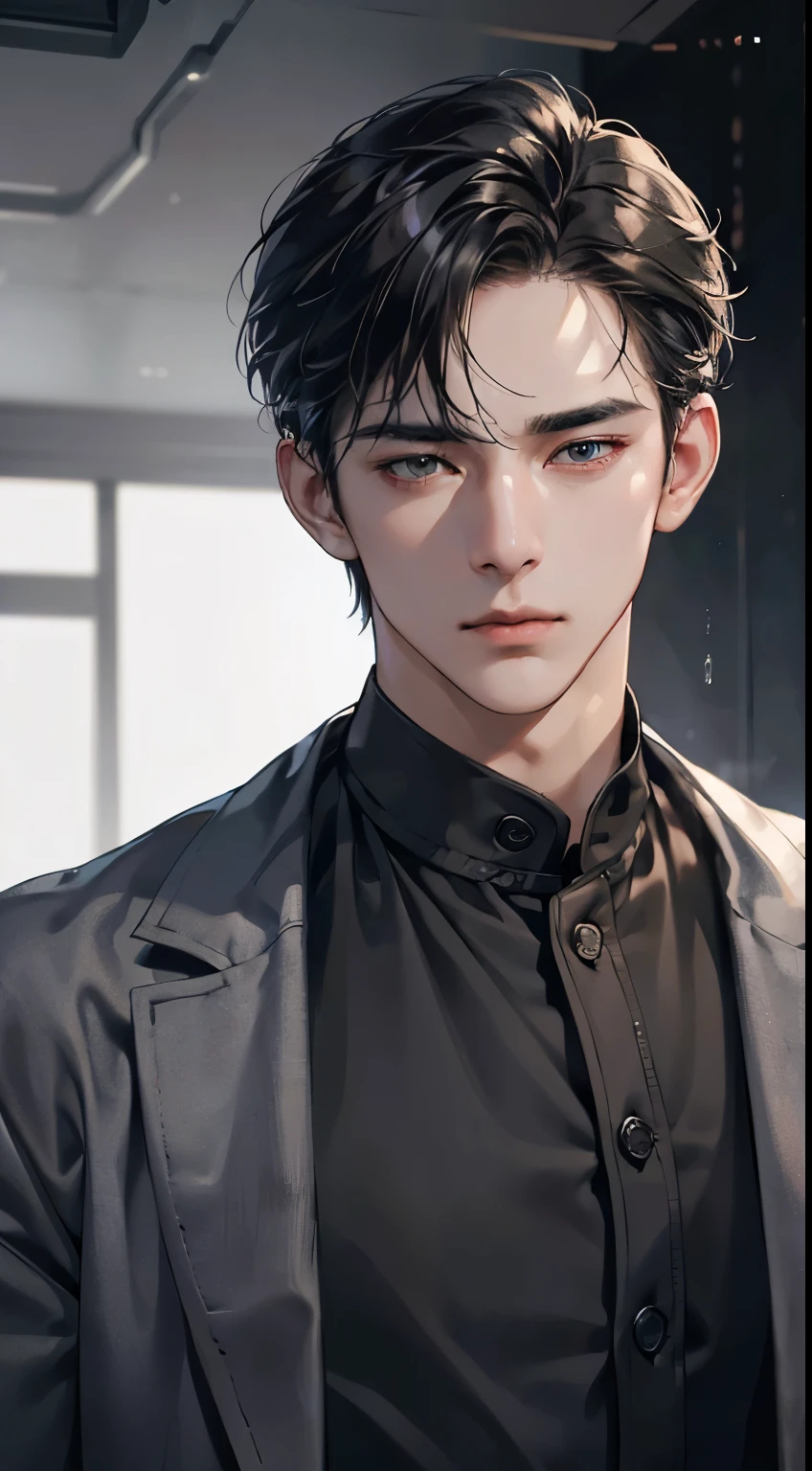 (best quality, masterpiece, 8 thousand, realistic, cinematic lighting, 1:4 HDR images, very detailed, beautiful photoature man, very handsome, ((cold expression)), black short hair, black eye, A perfect face without any mistakes, ((Buttoning my jacket, chief executive))