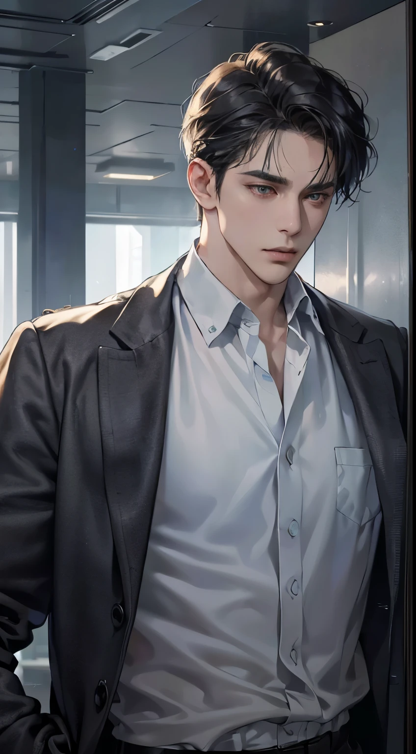 (best quality, masterpiece, 8 thousand, realistic, cinematic lighting, 1:4 HDR images, very detailed, beautiful photoature man, very handsome, ((cold expression)), black short hair, black eye, A perfect face without any mistakes, ((Buttoning my jacket, chief executive))