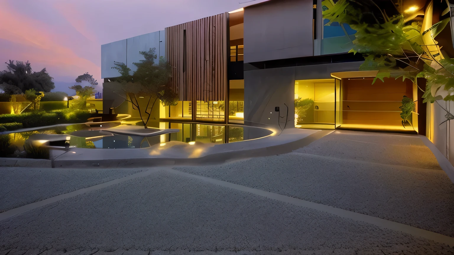 highest quality, masterpiece, modern and sophisticated image, contemporary building design, warm lighting, High-end and functional architecture features, Building texture that imitates natural stone or concrete, Rough surface reminiscent of natural stone, exterior, exposed aggregate concrete, transparent window, natural light reflection, Some images of room lighting and interior, Inside seen through glass, warm lighting, comfortable space, The sky dyed at dusk, soft light, Buildings and their surroundings illuminated by the setting sun. light reflected on the surface of the pond, some garden lights around the pond, Warm wall lighting on the entrance porch, planted trees々, harmony with nature, soft light, Balanced contrast between light and shadow, Natural atmosphere with reduced color saturation, warm lighting accents from buildings, detailed reflections and shadows, and textures. A building with a sense of depth