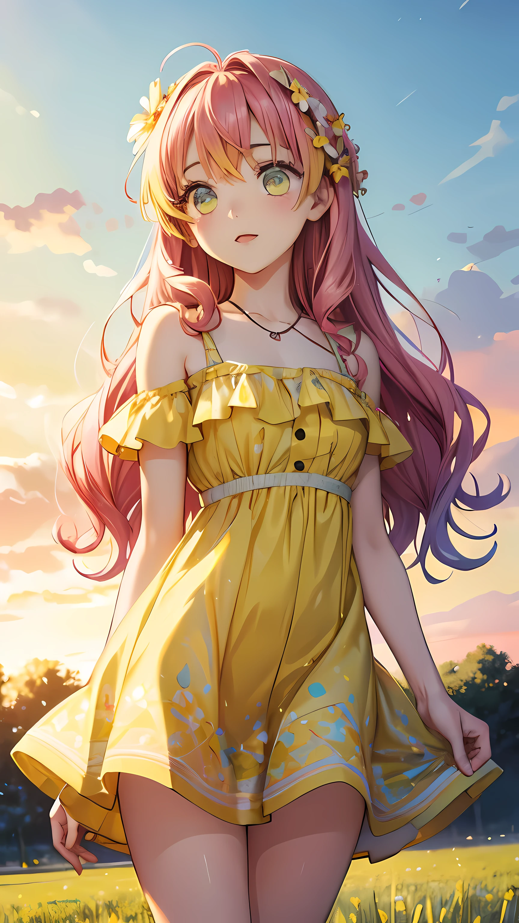 Anime portrait picture of a beautiful cute teen girl in a lonely meadow, wearing flowery short yellow color swirly frock, attractive feminine form, beautiful thighs, morning light, Disney Pixar