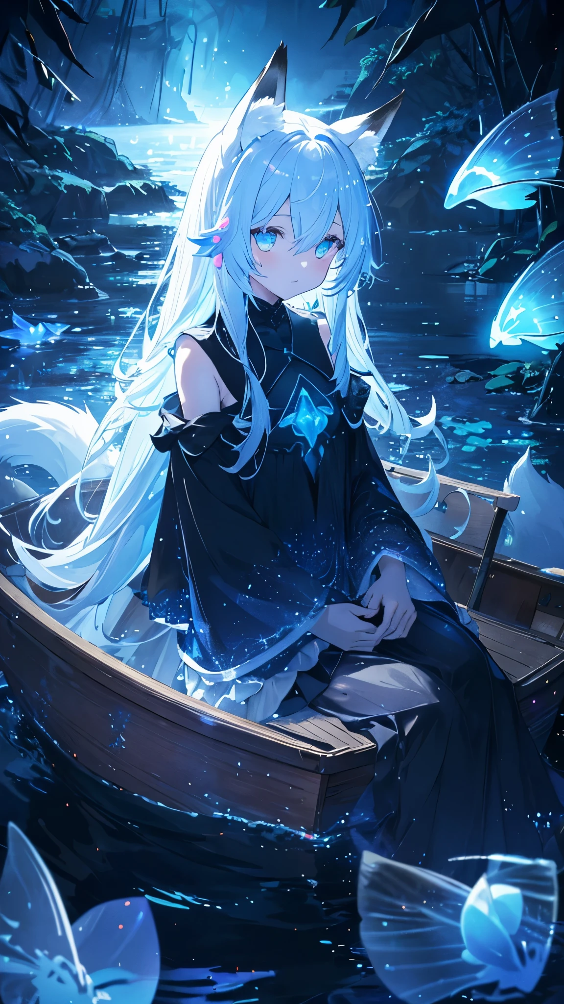 fox ears, fox tails, - girl sitting on a boat in the water,water crystal glowing eyes, sea butterflies, night raid, fairy light, very deep sea, glowing long hair, nightcore, very ethereal, stagirlr dress.