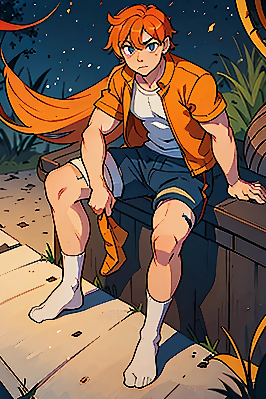 tiger,blue eyes,goggles，Orange hair,masterpiece,best quality,dusk,white socks,muscular man,depth of field,messy
