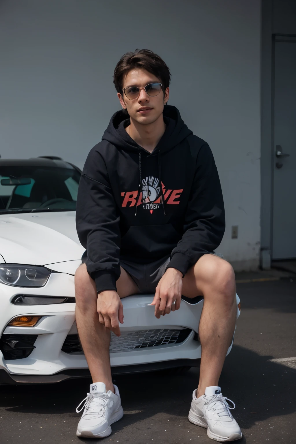 Create a 3D realistic image for a profile picture where a 22-year-old boy is sitting casually on a white Toyota Supra car. He is wearing a hoodie, sneakers and sunglasses, and he is looking ahead. The background features “KAKA” in Blue neon light fonts on a dark grey wall along with wings to look like he is an sexy girl.