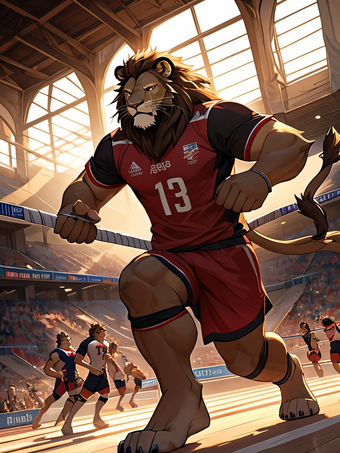 Male, furry, Lion anthro, (Realistic eye detail 1.2), sport, 3 boys, wearing a volleyball shirt, playing volleyball, indoors stadium, dramatic lighting, soft lighting, day, highly detailed, Coiled hair, epic fantasy art style , epic fantasy digital art style, anatomically correct, accurate, Detail background, UHD, 1080P