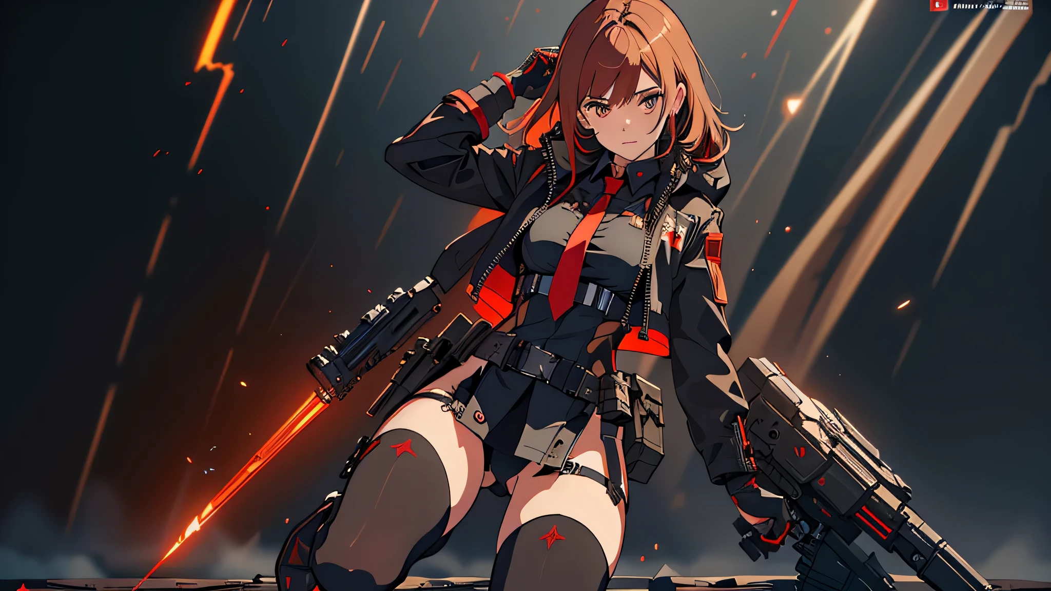 ((Best quality)), ((masterpiece)), (detailed:1.4), 3D, an image of a beautiful cyberpunk female, long burning red hair, burning hair, light brown eyes, red Barret, Black Soldier Shirt, Black under cloth, black panty, Grenade belt, Big chest, Big thigh, High thigh black knee sock, full view of girl, battlefield background, black combat boot, red necktie, black glove, black combat suit, black jacket, black cloak, black panty, ammo belt, HDR (High Dynamic Range),Ray Tracing,NVIDIA RTX,Super-Resolution,Unreal 5,Subsurface scattering,PBR Texturing,Post-processing,Anisotropic Filtering,Depth-of-field,Maximum clarity and sharpness,Multi-layered textures,Albedo and Specular maps,Surface shading,Accurate simulation of light-material interaction,Perfect proportions,Octane Render,Two-tone lighting,Wide aperture,Low ISO,White balance,Rule of thirds,8K RAW,