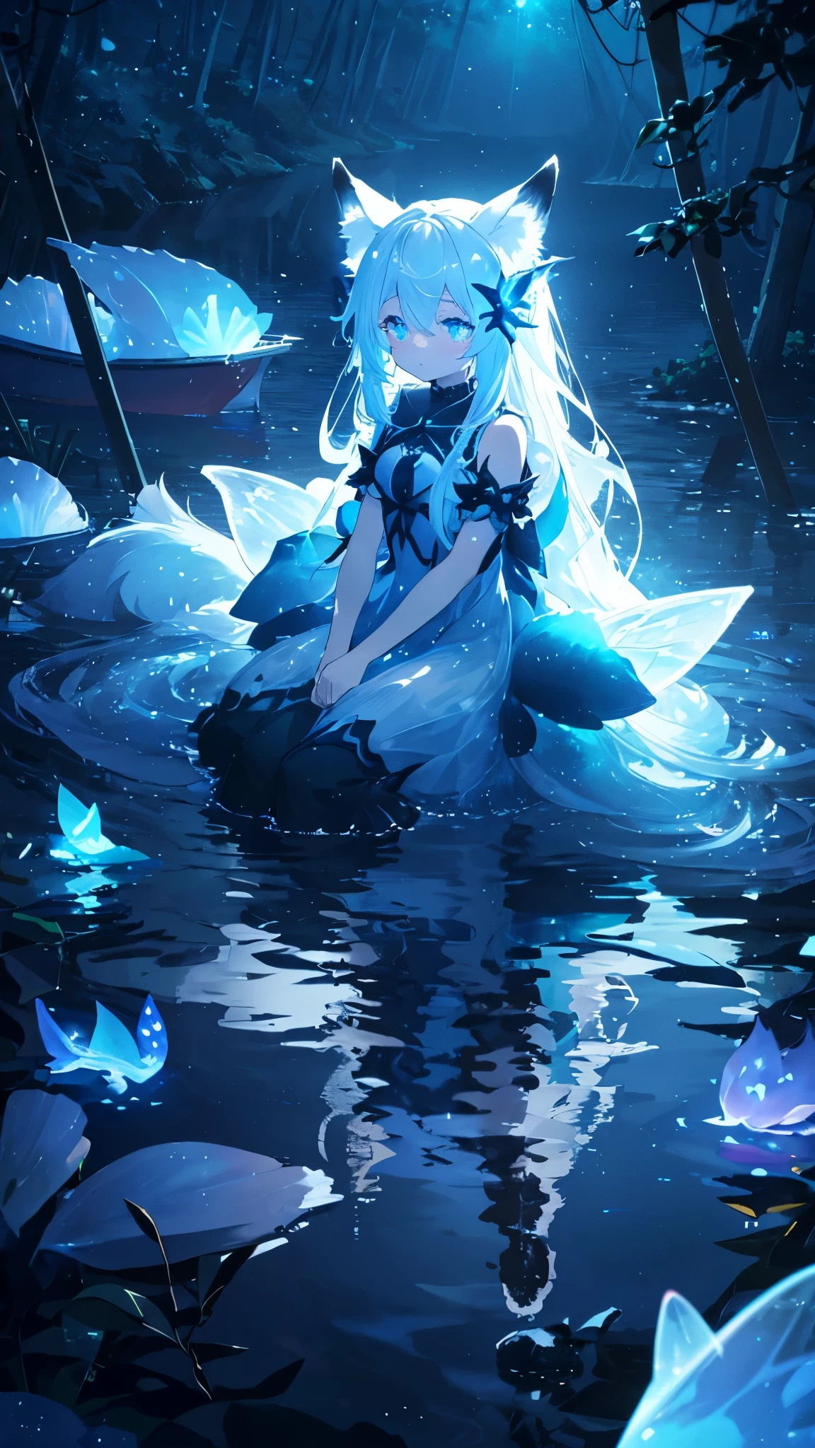 fox ears, fox tails, - girl sitting on a boat in the water,water crystal glowing eyes, sea butterflies, night raid, fairy light, very deep sea, glowing long hair, nightcore, very ethereal, stagirlr dress.