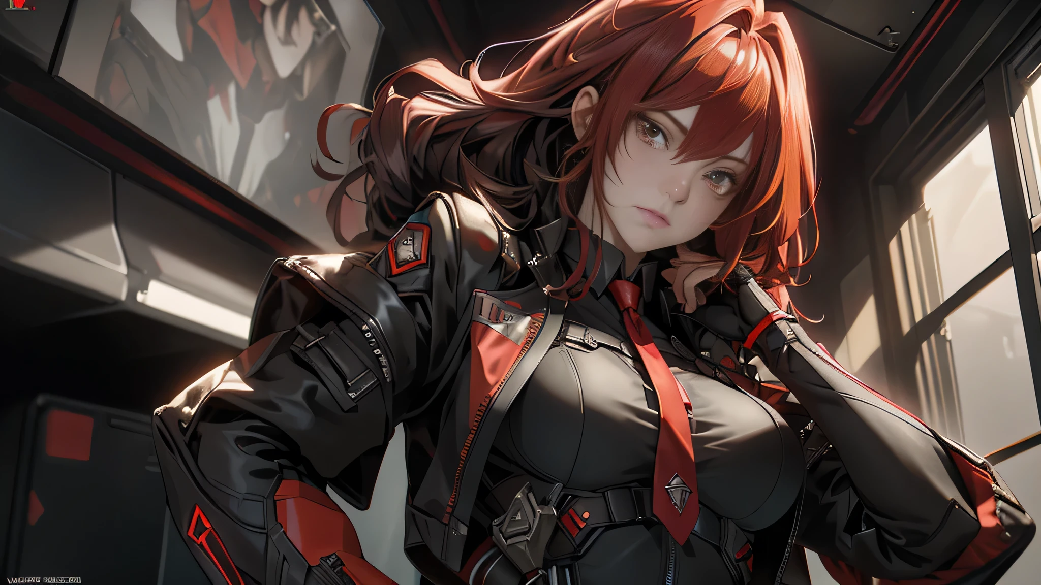 ((Best quality)), ((masterpiece)), (detailed:1.4), 3D, an image of a beautiful cyberpunk female, long burning red hair, burning hair, light brown eyes, red Barret, Black Soldier Shirt, Black under cloth, black panty, Grenade belt, Big chest, Big thigh, High thigh black knee sock, full view of girl, battlefield background, black combat boot, red necktie, black glove, black combat suit, black jacket, black cloak, black panty, ammo belt, HDR (High Dynamic Range),Ray Tracing,NVIDIA RTX,Super-Resolution,Unreal 5,Subsurface scattering,PBR Texturing,Post-processing,Anisotropic Filtering,Depth-of-field,Maximum clarity and sharpness,Multi-layered textures,Albedo and Specular maps,Surface shading,Accurate simulation of light-material interaction,Perfect proportions,Octane Render,Two-tone lighting,Wide aperture,Low ISO,White balance,Rule of thirds,8K RAW,