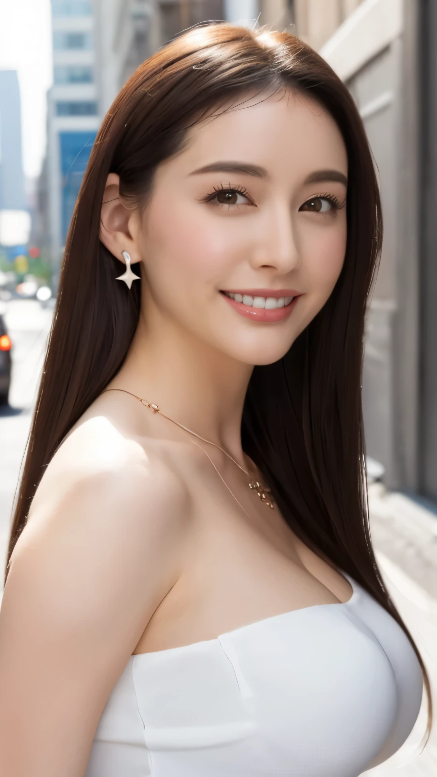 In 8K、超A high resolution、highest quality、table top 、(pretty big breasts、cleavage)(white dress:1.2)、in the street、black hair long straight、Smile、big black eyes、lip gloss、necklace、white mule、(show your armpits、Diagram drawn from the side:1.2)