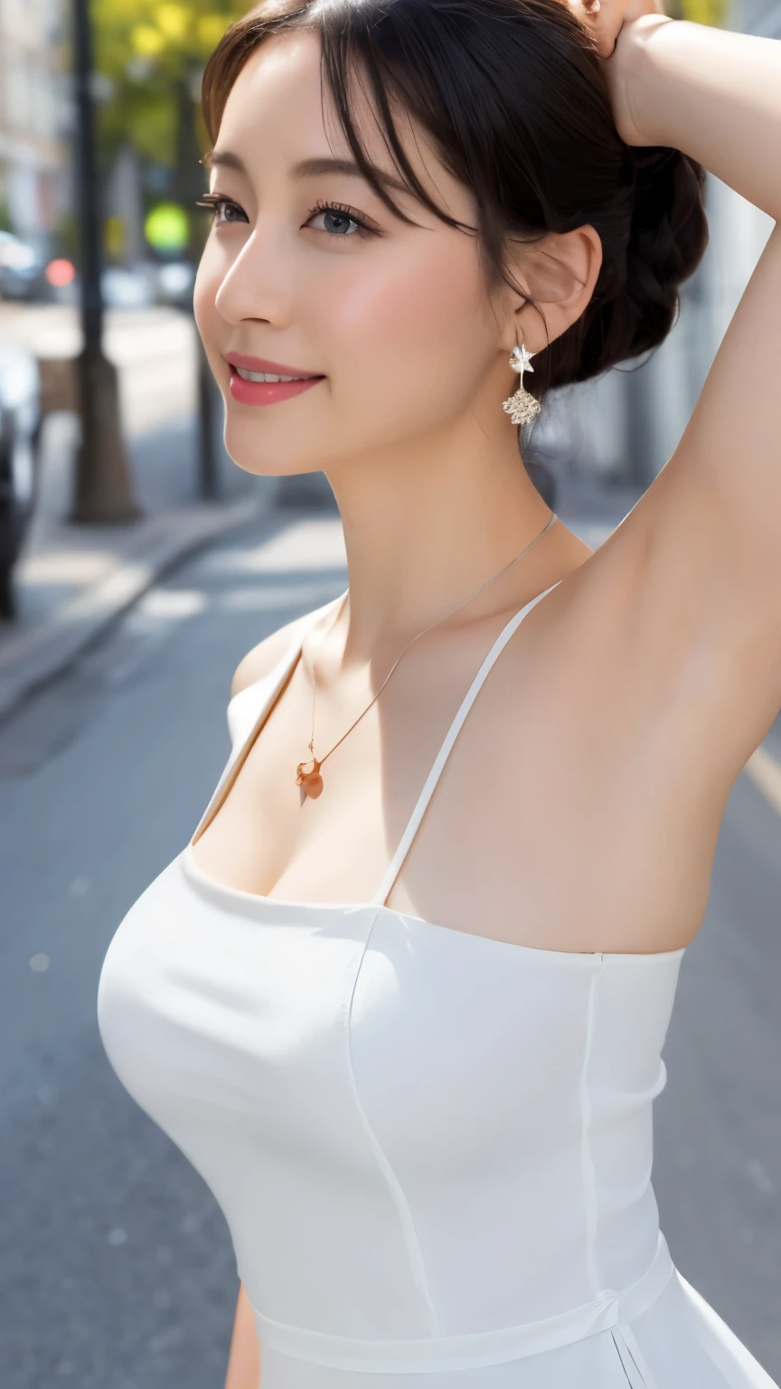 In 8K、超A high resolution、highest quality、table top 、(pretty big breasts、cleavage)(white dress:1.2)、in the street、black hair long straight、Smile、big black eyes、lip gloss、necklace、white mule、(show your armpits、Diagram drawn from the side:1.2)