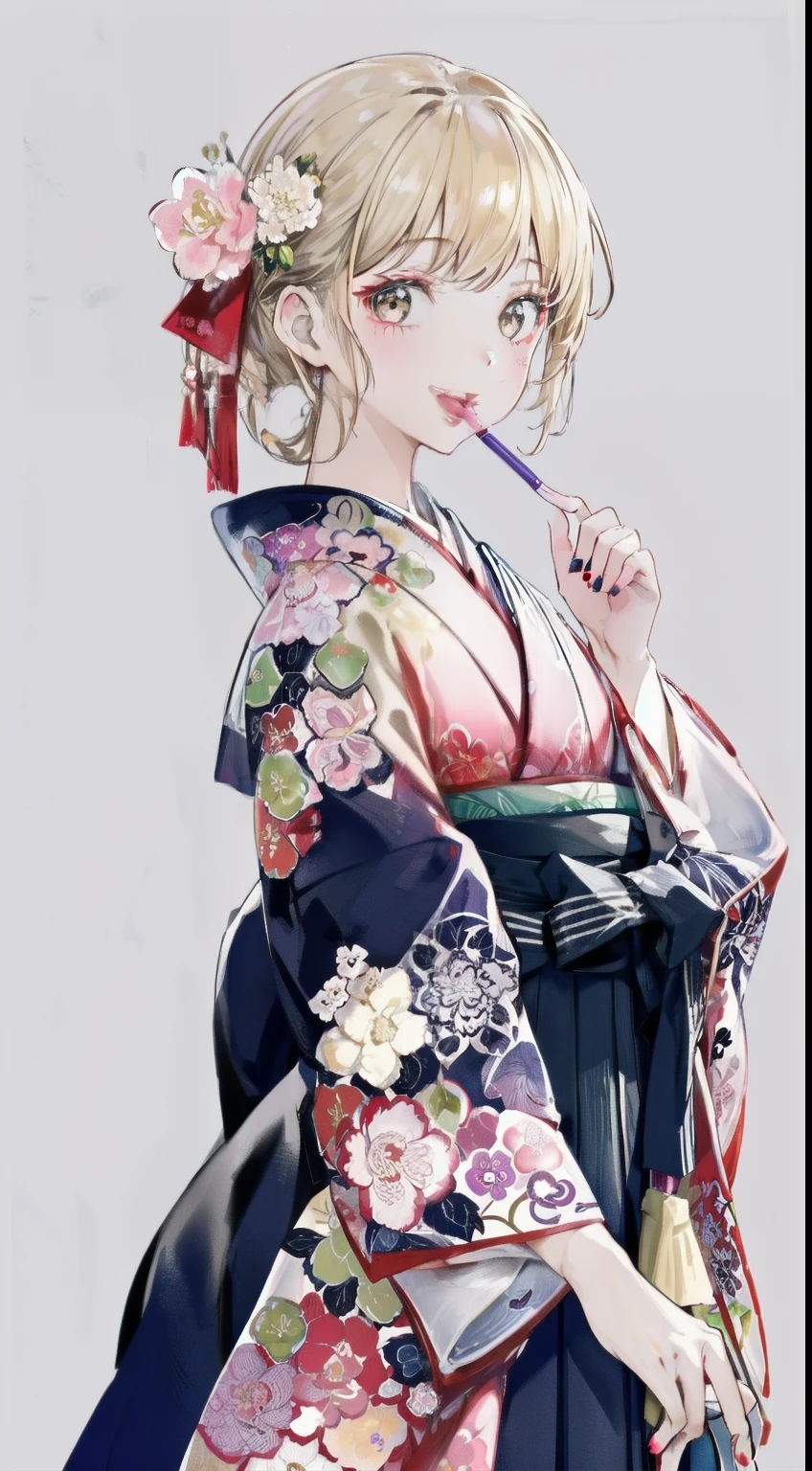 High resolution、An illustration、1 girl、beautiful face、cute、white background、2D、Hakama、pink floral kimono、水色のHakama、No bangs、Forehead exposed、Upper body、gal、(wheat-colored skin:1.2)、makeup、blonde hair、pink lipstick、laughing、graduation ceremony、black eyes、