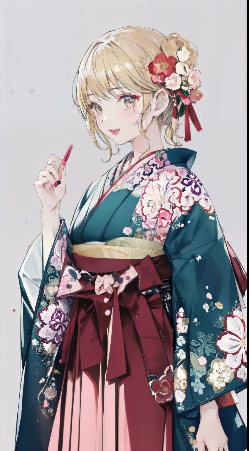 High resolution、An illustration、1 girl、beautiful face、cute、white background、2D、Hakama、pink floral kimono、水色のHakama、No bangs、Forehead exposed、Upper body、gal、(wheat-colored skin:1.2)、makeup、blonde hair、pink lipstick、laughing、graduation ceremony、black eyes、