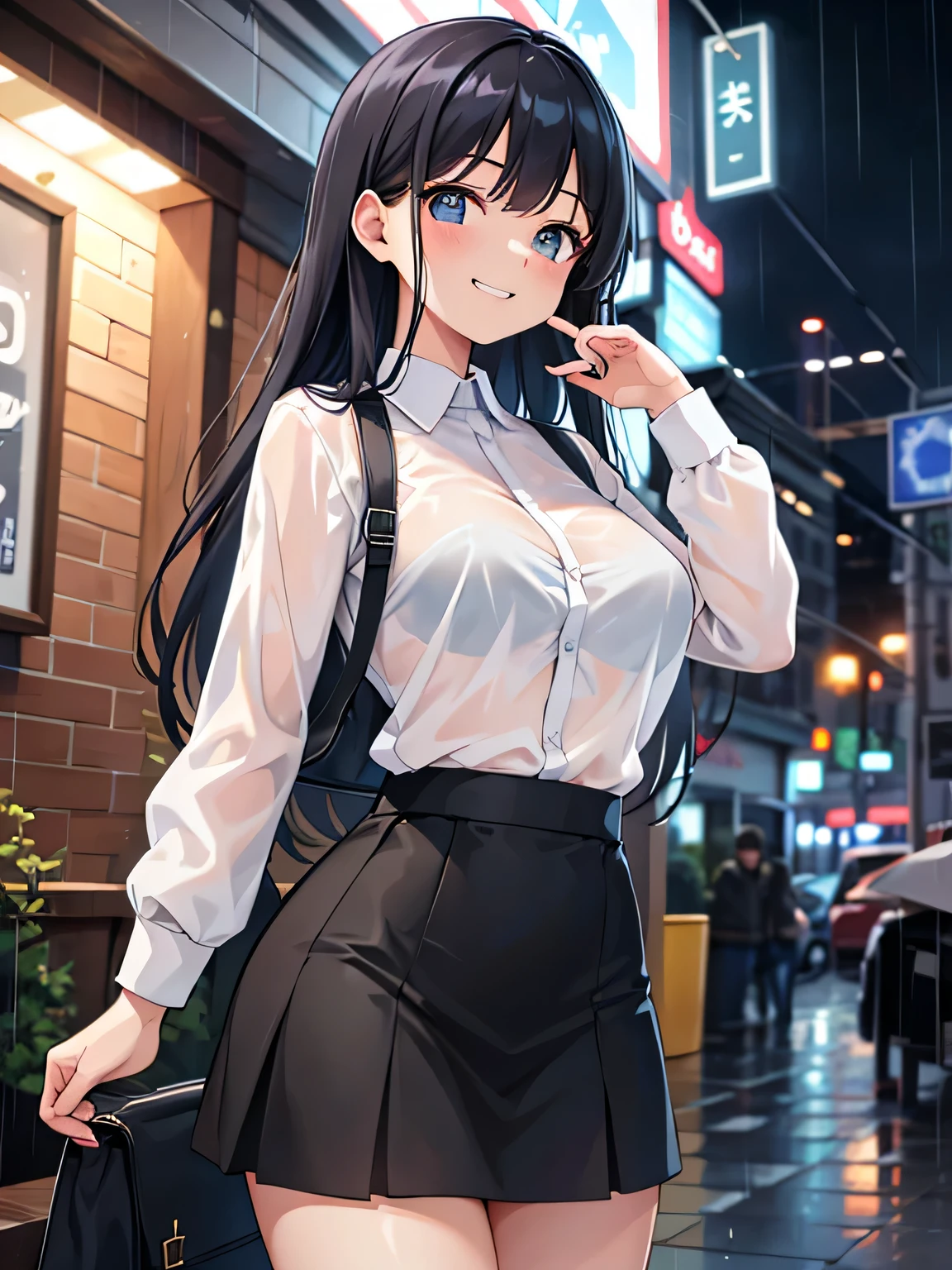 Anime girl in a short skirt and shirt standing on a city street - SeaArt AI