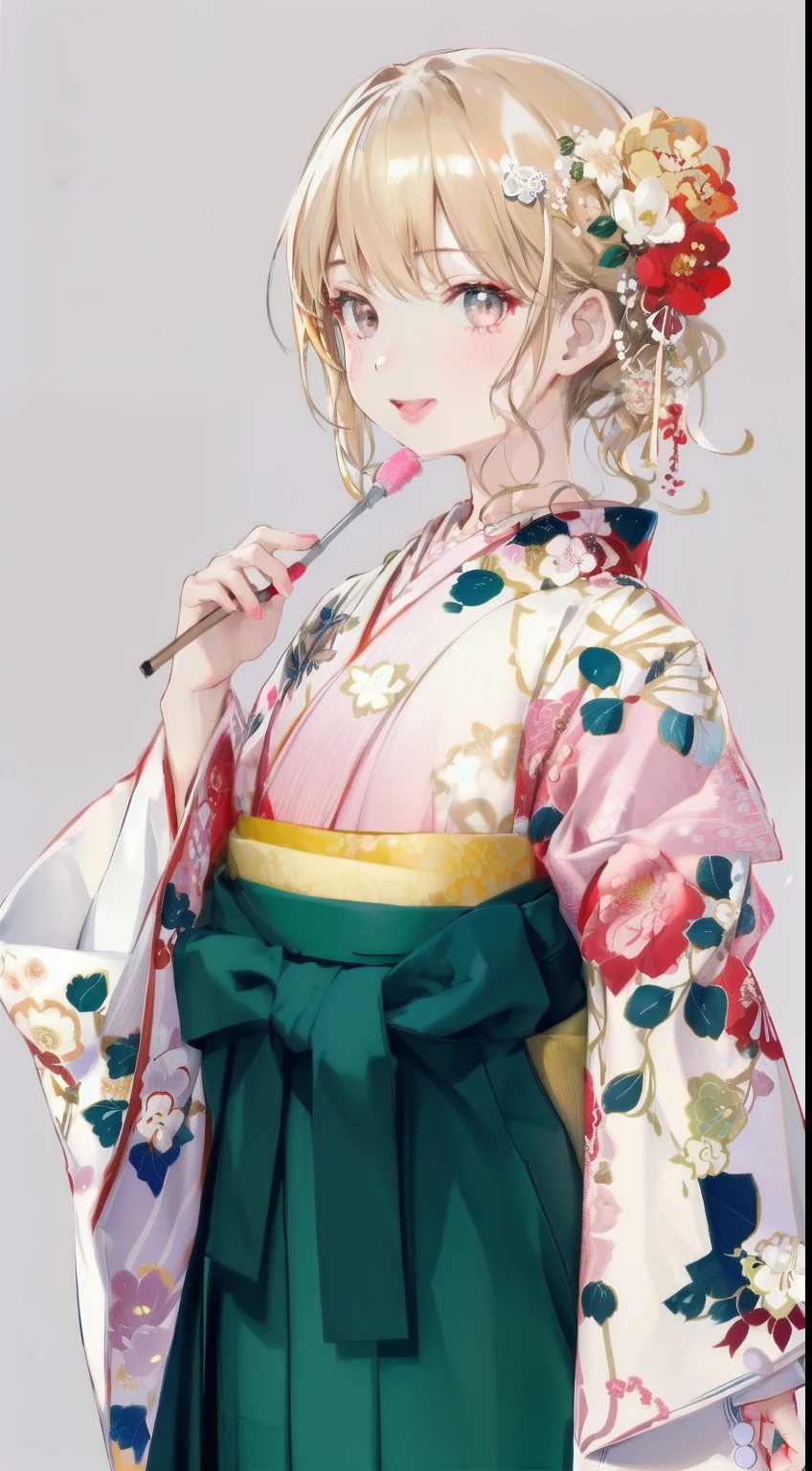 High resolution、An illustration、1 girl、beautiful face、cute、white background、2D、Hakama、pink floral kimono、水色のHakama、No bangs、Forehead exposed、Upper body、gal、(wheat-colored skin:1.2)、blonde hair、pink lipstick、laughing、graduation ceremony、black eyes、