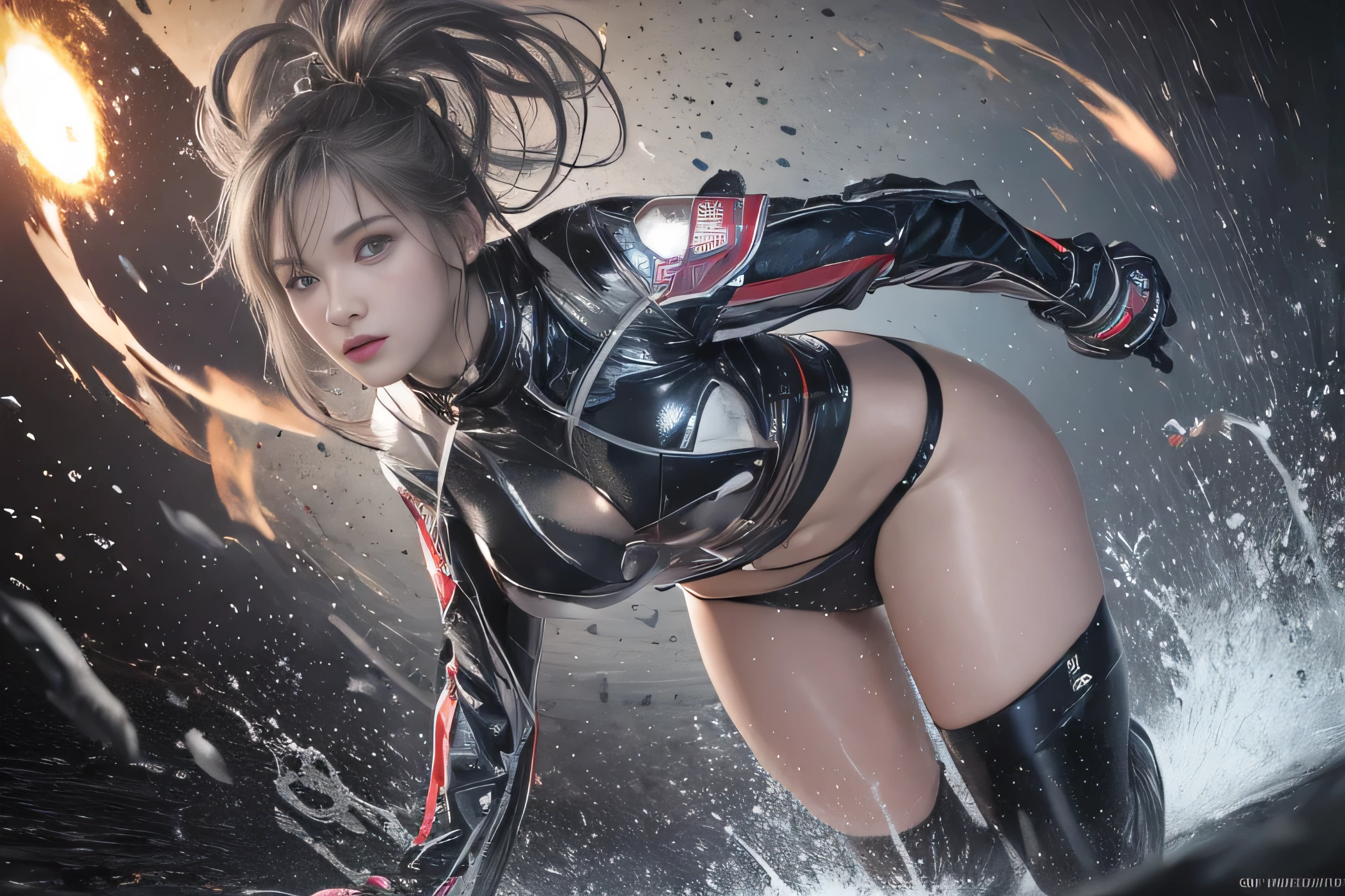 RAW image quality, best image quality, movie lighting, octane rendering, super sharp, 1 girl, Japanese, , troubled face, glowing skin, fugitive, (running figure:1.4), silver hair, short bob hair, Full body white pilot suit:1.3, cyber punk, Night sky with countless stars shining, shining milky way, rain:1.3, Remains, laser beam attack, big explosion:1.3, pillar of fire:1.2, A city engulfed in flames, wet hair:1.5, wet skin:1.5, puddle, fine eyes, Fine skin texture, camel toe, Detailed CG image quality, 8mm fisheye lens, Angle looking up from below:1.2, (whole body angle), Full body soaked, fast shutter speed,