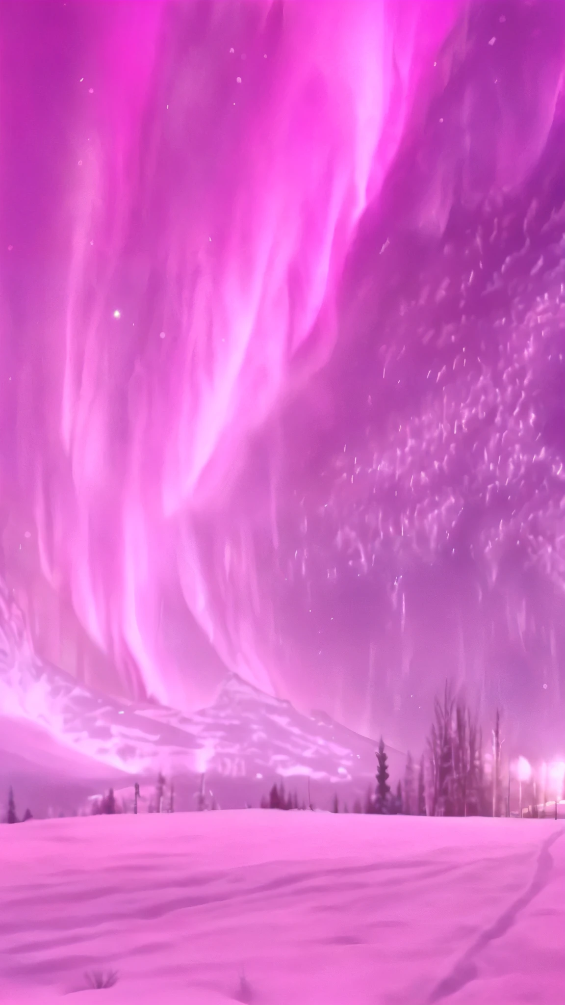 a close up of a snow covered field with a pink sky, epic background, pink sky, beautiful anime scene, the most beautiful scene, magical colors and atmosphere, beautiful purple sky, purple sky, magical colors and atmosphere, purple sky, pink sky, the sky is pink, Magenta lighting. fantasy, northern lights in the sky, Magnificent and wonderful atmosphere