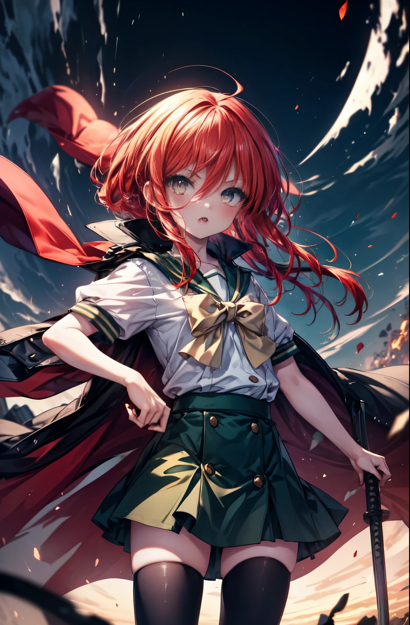1 girl, cowboy shot, rubble ruins, anger, (battle preparation:1.2), open your mouth, (night:1.2), explosive inflammation,shana, red eyes, redhead, very long hair, hair between eyes, (Ahoge:1.1), , school uniform, serafuku, white shirt, short sleeve, green skirt, Thighhighs, black rider suit,He wields a Japanese sword wrapped in flames in both hands.,highest quality, (masterpiece:1.2), highest quality, High resolution, unity 8k wallpaper, (shape:0.8), (beautiful and detailed eyes:1.6), highly detailed face, perfect lighting, Very detailed CG, (perfect hands, perfect anatomy),