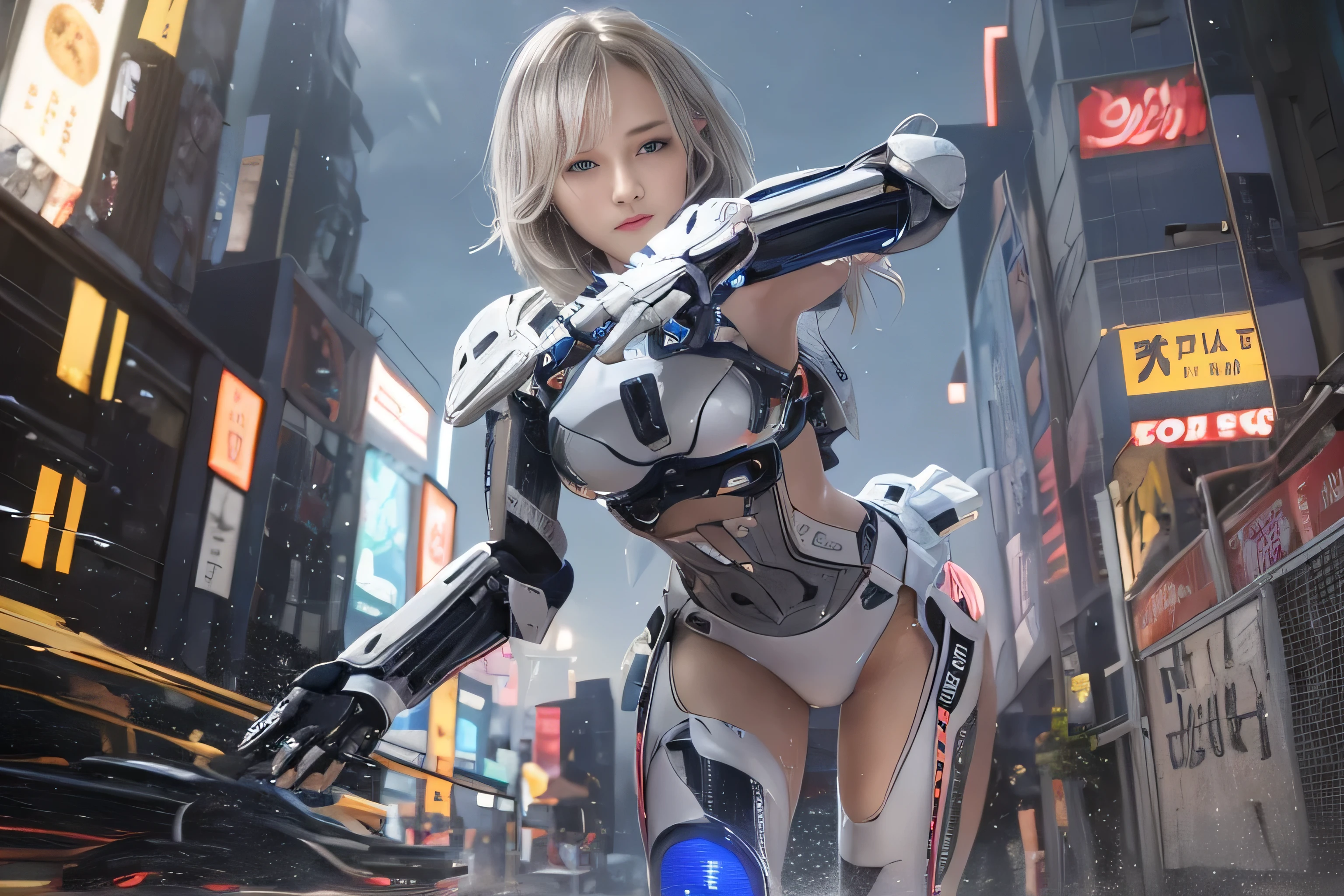 RAW image quality, best image quality, movie lighting, octane rendering, super sharp, 1 girl, Japanese, ************, troubled face, glowing skin, fugitive, (running figure:1.4), silver hair, short bob hair, Full body white pilot suit:1.3, cyber punk, Night sky with countless stars shining, shining milky way, rain:1.3, Remains, laser beam attack, big explosion:1.3, pillar of fire:1.2, A city engulfed in flames, wet hair:1.5, wet skin:1.5, puddle, fine eyes, Fine skin texture, camel toe, Detailed CG image quality, 8mm fisheye lens, Angle looking up from below:1.2, (whole body angle), Full body soaked, fast shutter speed,