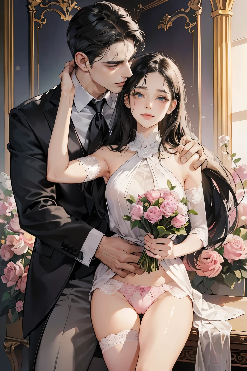 (table top, digital art, digital illustration, 4K, 8 thousand, very detailed, beautiful pictures, clear image, realistic, RAW photos, perfect face, perfect line, perfect eyes, soft lighting) 1 woman, (long black hair, straight hair, an optimistic outlook, beauty, wow, mode system, one piece, solid makeup, 23 year old girl,:1.3), Two handsome men in suits, (human, Man in a suit, muscular, Shoulder width is solid., adult male, boyish hairstyle, british gentleman style, A man in his 30s with a cool expression, A 28-year-old man with a bright smile:1.2), classic style furniture, antique clamps, antique chair, chandelier, Crystal glass, Luxury, Fantastic light, marble fireplace, (embarrassing from, shy smile, bouquet of pink roses:1.2), antique sofa, leather sofa, Crying face, cry out of frustration, beautiful tears、the kiss、kiss、couple、couple kiss ing、romance、、have sextercourc area、insert 、rape、flood、Full-bodynting, (one girl and one man, Having sex:1.5), (human, adult e, girl rubbing&#39;of :1.2), cheek dye、panting face、embarrassing、boredom、begging、unhappy、greedy expression, wet pubic area、 insert、open your crotch wide、cowgirl、fluttering、wet shirt、sheer black lace underwear、Take off your underwear、