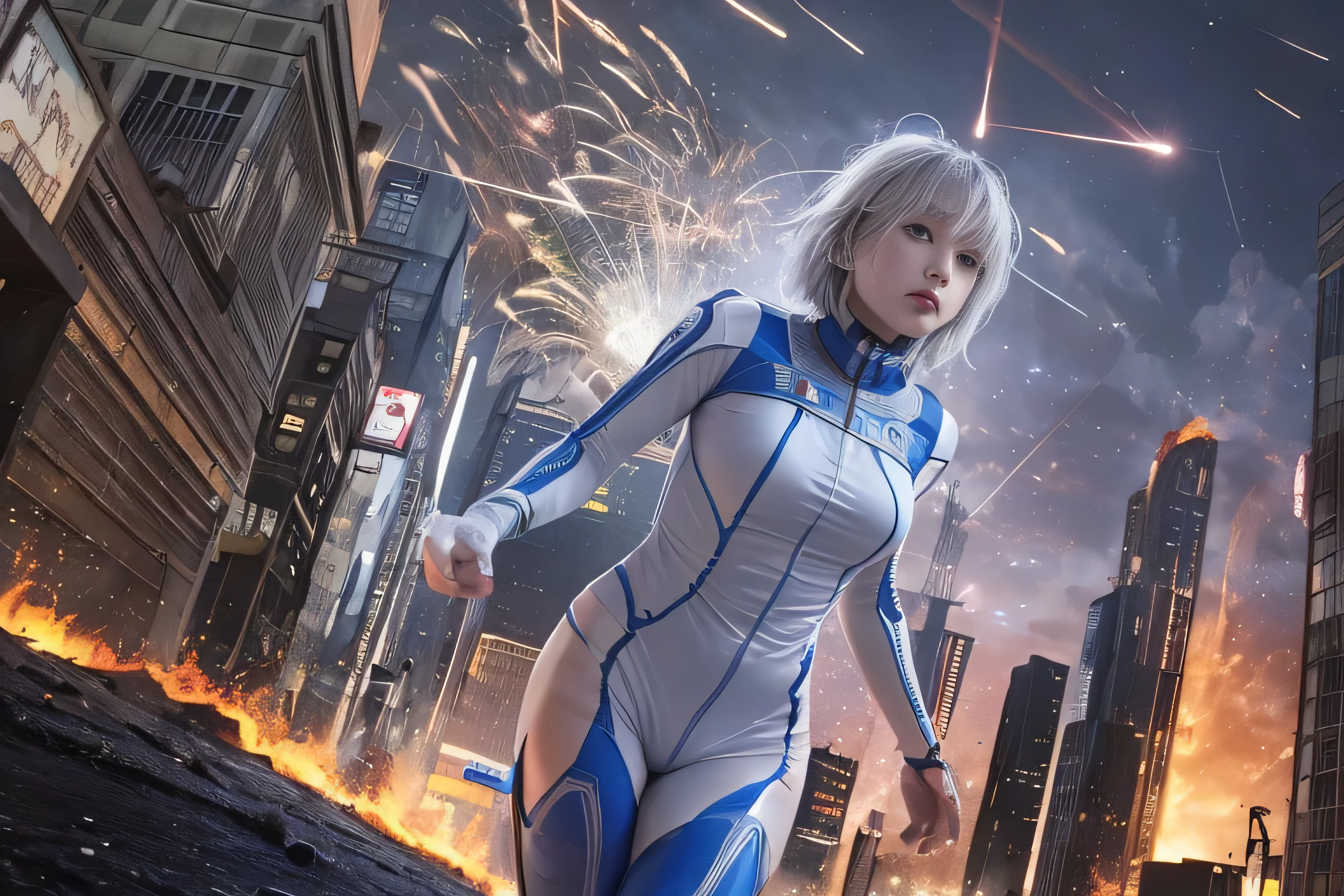 RAW image quality, best image quality, movie lighting, octane rendering, super sharp, 1 girl, Japanese, 16 years old, troubled face, glowing skin, fugitive, (running figure:1.4), silver hair, short bob hair, Full body white pilot suit:1.3, cyber punk, Night sky with countless stars shining, shining milky way, rain:1.3, Remains, laser beam attack, big explosion:1.3, pillar of fire:1.2, A city engulfed in flames, wet hair:1.5, wet skin:1.5, puddle, fine eyes, Fine skin texture, camel toe, Detailed CG image quality, 8mm fisheye lens, Angle looking up from below:1.2, (whole body angle), Full body soaked, fast shutter speed,