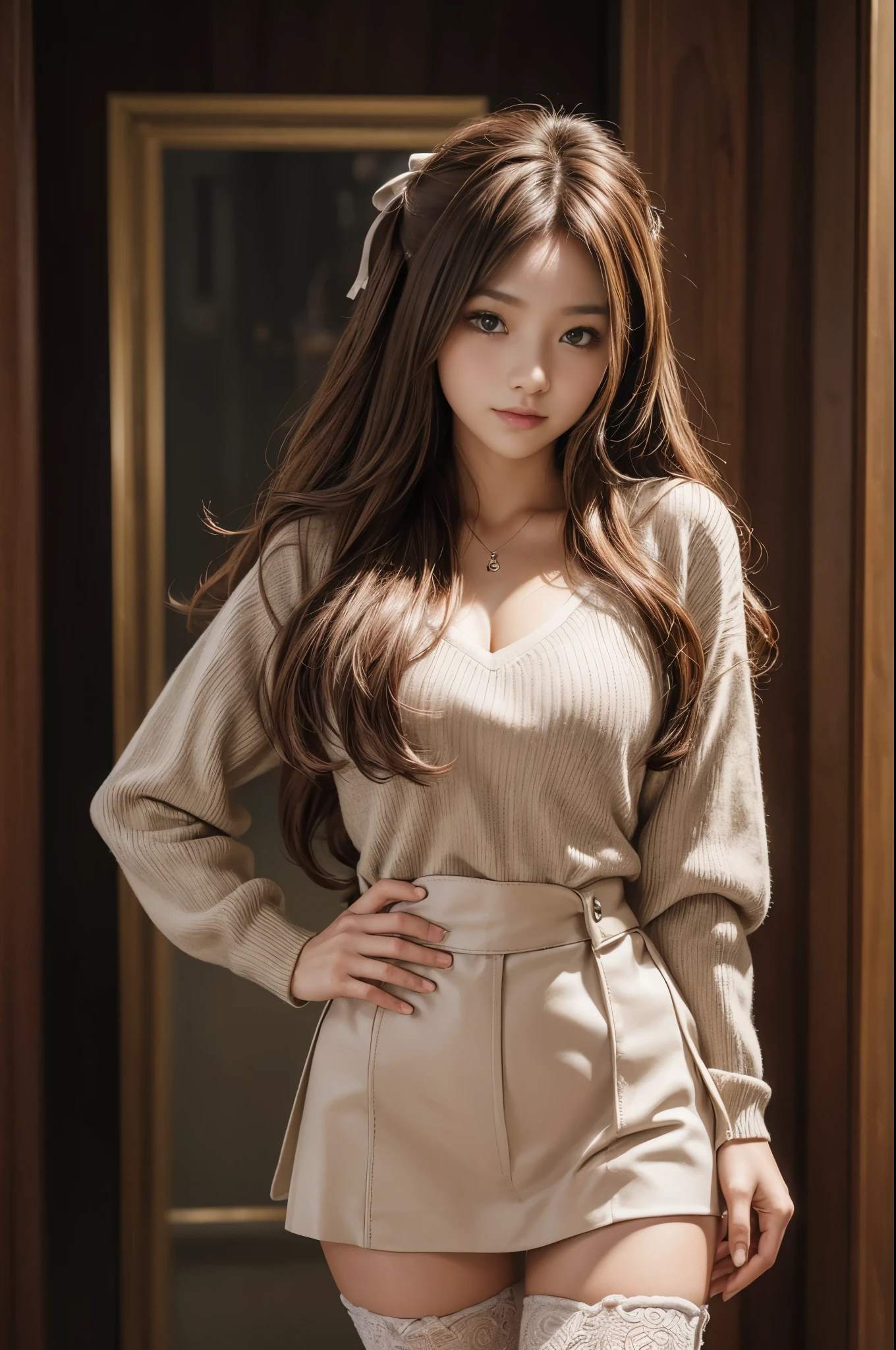 ((super high quality:1.2,super high quality:1.2,photo reality:1.2,超A high resolution,super fine,alone,No medical defects,not medically excessive)),(perfectly balanced body),looking at camera,smile,blush,(double good),(light brown hair),(very long hair),(V-neck sweater),mini skater skirt,check,hairpin,hair ribbon,knee high boots,cowboy shot,put your hand on your chest