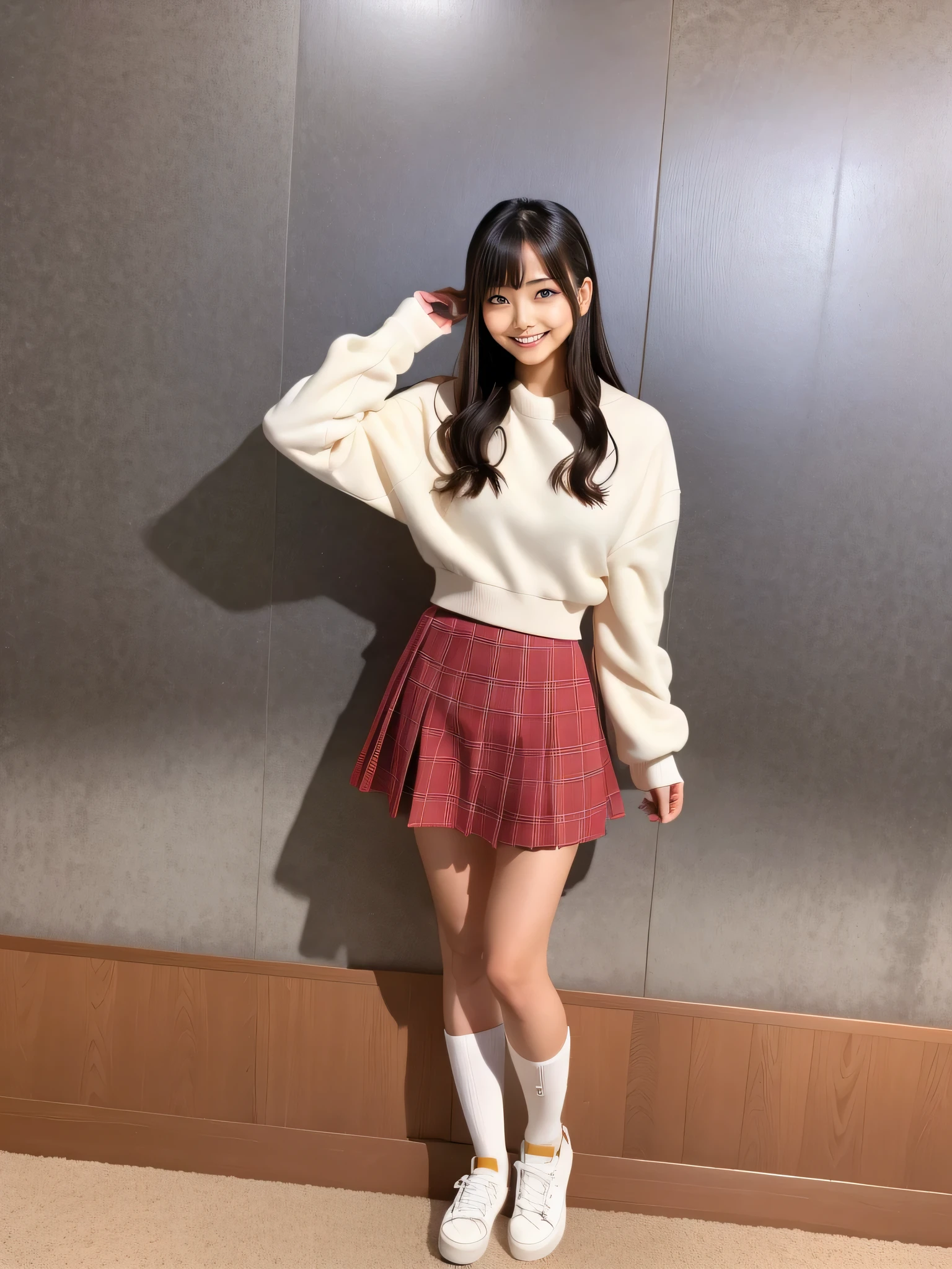 An early 50&#39;s girl posing for a photo wearing a plaid skirt and white jacket, 🚿🗝📝, Chiho, full_body!!, sakimichan, 🍂 cute, full body!!, clothes pictures, shikamimi, by Yasutomo Oka, beast, full body! cute face, 8k)), cute style