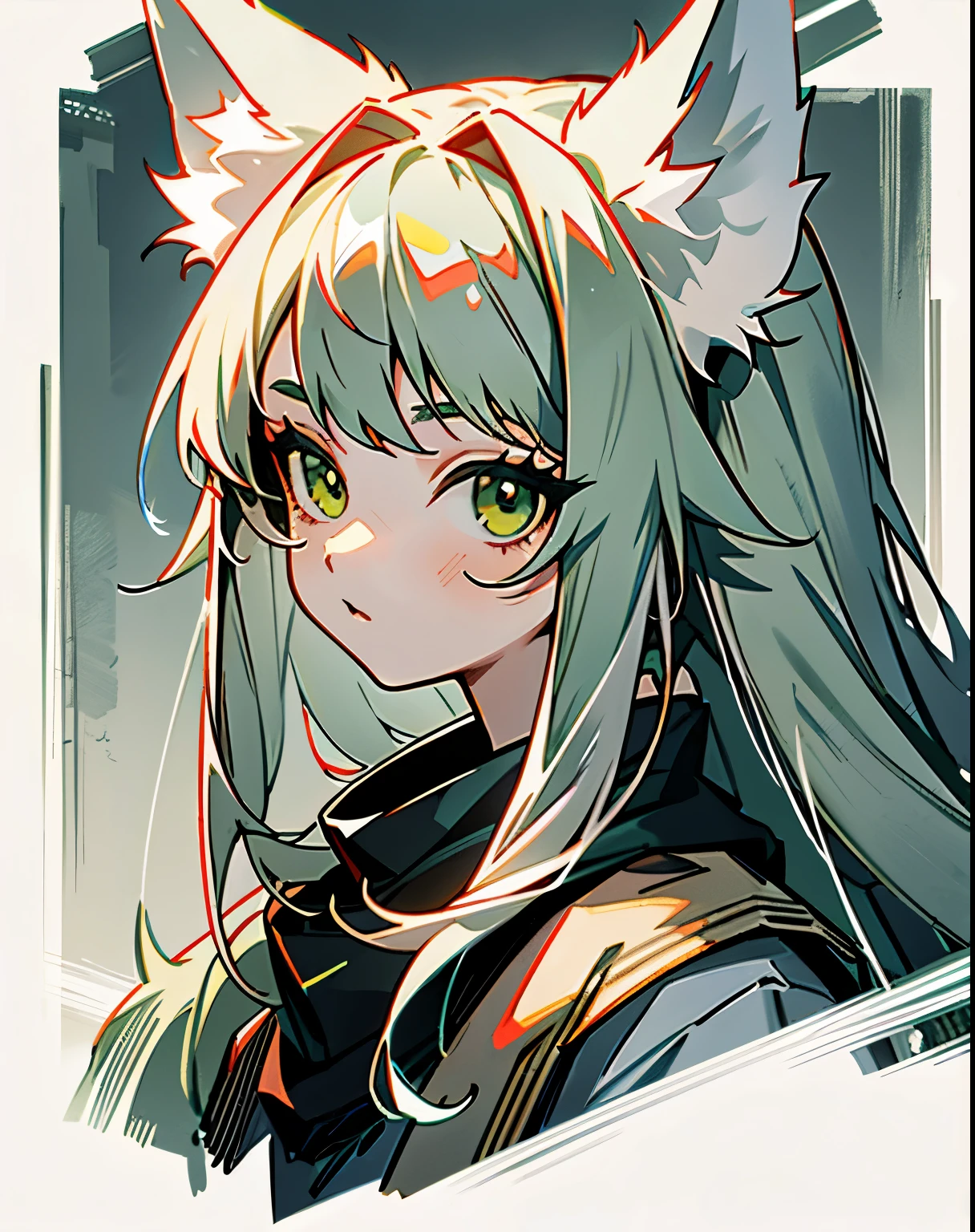 (high quality hair),painting quality,anime style,portraits,green eyes,****************,long silver hair,wild,wolf ears,fair skin